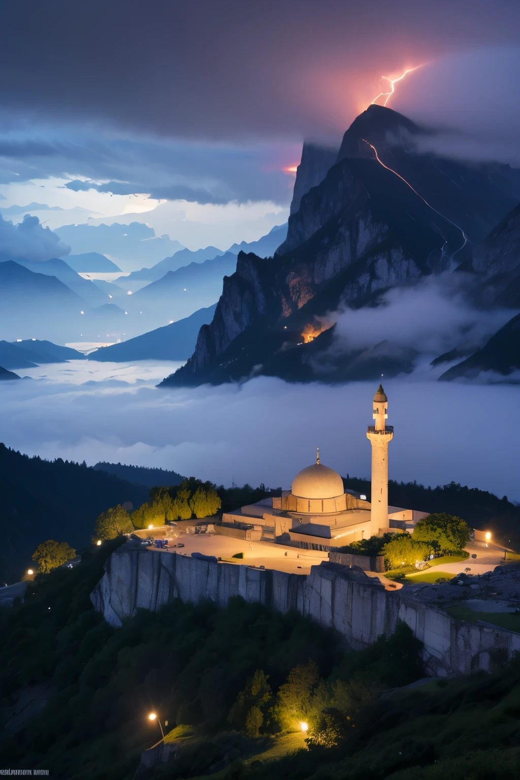 Mosque on top of mountain, thunder strom, fog, lake