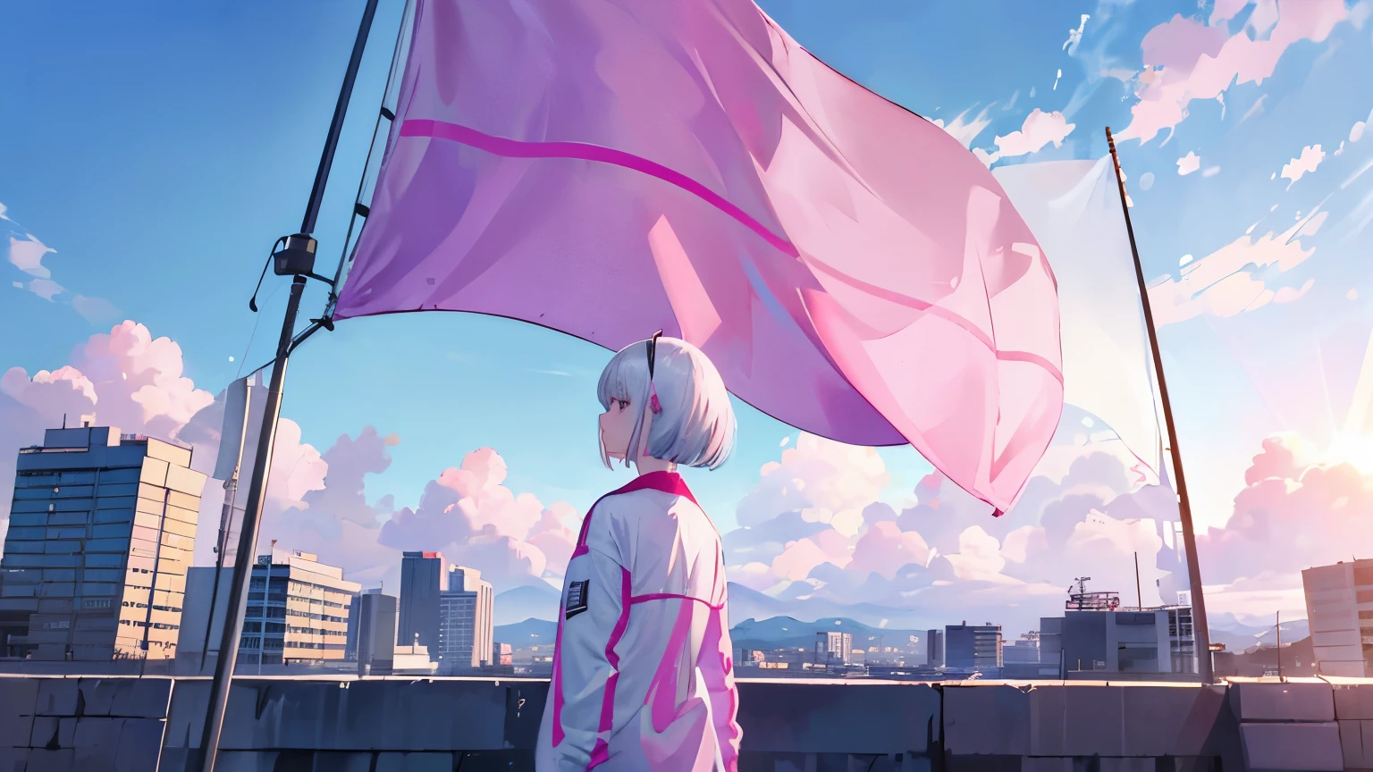 Pink woman with silver hair, Very short hairstyle, Barrette, casual clothes, long sleeve, (Backlight:1.2), (Raise a big flag:1.2), White cloud, blue sky, panorama, specular reflection, (masterpiece), (Best Quality, 8K, High resolution), Super detailed, (Reality), vivid colors,