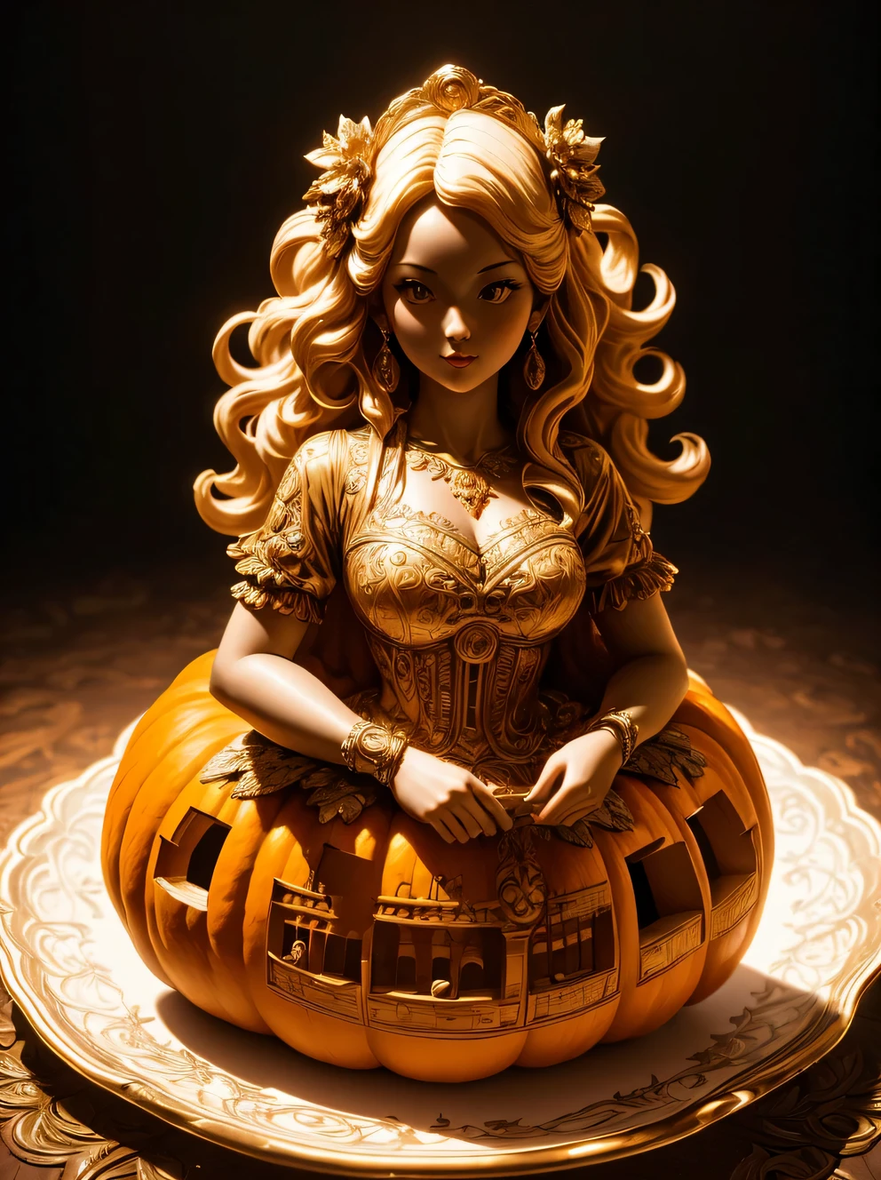 (Cute girl carved from a large pumpkin：1.1），（whole body），Beautiful long-haired girl，RococoStyle，Retro court dress，16k，orange，console， and an honest background：on the plate on the dining table，Fruit carving，food engraving，Three-dimensional engraving，scenography， Design close-up, rotating, RococoStyle, classicism, chiaroscuro, depth of field, ultra high definition, masterpiece, precise, Super details, high detail, high quality, Award-winning, best quality, high resolution, 16k