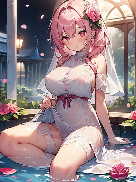 (top quality)),(ultra high resolution),(Super detailed細),(detailed description),((the most picturesque works of art),super precision art,amazing art of depiction,fantasy art:1.5, ((Beautiful flowers々:1.5)), (Body eroded by flowers:1.0),glamorous body:1.3,fancy background effects、masterpiece、fancy details、(NSFW 1.1), ((1 girl)), ((muste piece)), ((extremely detailed:1.3)), in crystal clear water,beautiful woman entering the lake, ((Twin-tailed pink hair)), wet hair, Wearing a light transparent dress, Bathing clothed, steam, (Rose petals floating in water:1.3), early morning light, ivory gold AI, windows, crepuscular lighting, 、see-through lace underwear、very huge boobs、Pink nipples、pink areola,透けて見えるPink nipples、透明なpink areola、lace and string shorts.、princess carry,Sexy lingerie with lace and strings,See-through sexy lingerie,transparent lingerie、translucent dress、pearlescent、pearl、sexy harness、sexy garter belt、sexy stockings、Arranged,intimate, rose garden、colorful roses、lake with floating roses、lying down、open legs、spread your legs、open thighs、soak in water、wet body、splash of water、gorgeous flower decoration、big flower、stylish hair、the moon, Lantern, night time, solo, water play, The water, hair flower, flower, Outdoors, sky porn, full the moon, Shigure, Lantern, clothes soaked in water, sky porn, wet hair (((muste piece),(Highly detailed CG Unity 8K wallpaper),best quality,cinematic lighting,detailed background,beautiful detailed eyes,bright pupils, (very delicate and beautiful),(Beautiful and detailed eye description), Super detailed,muste piece,)),((red eyes))、greenhouse、garden、temple、