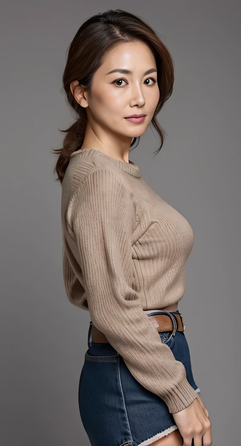 High resolution, High level image quality, high detail, masterpiece, rough skin, anatomically correct, sharp, gray background((japanese mature, 45 years old)), alone, ((facial wrinkles)), good shape big breasts, Straight light brown hair that reaches to the shoulders, Chubby body type (((stand upright, facing the center of the screen.))), Close your mouth and look straight ahead with a serious face, sweater, skirt, ((cowboy shot)),