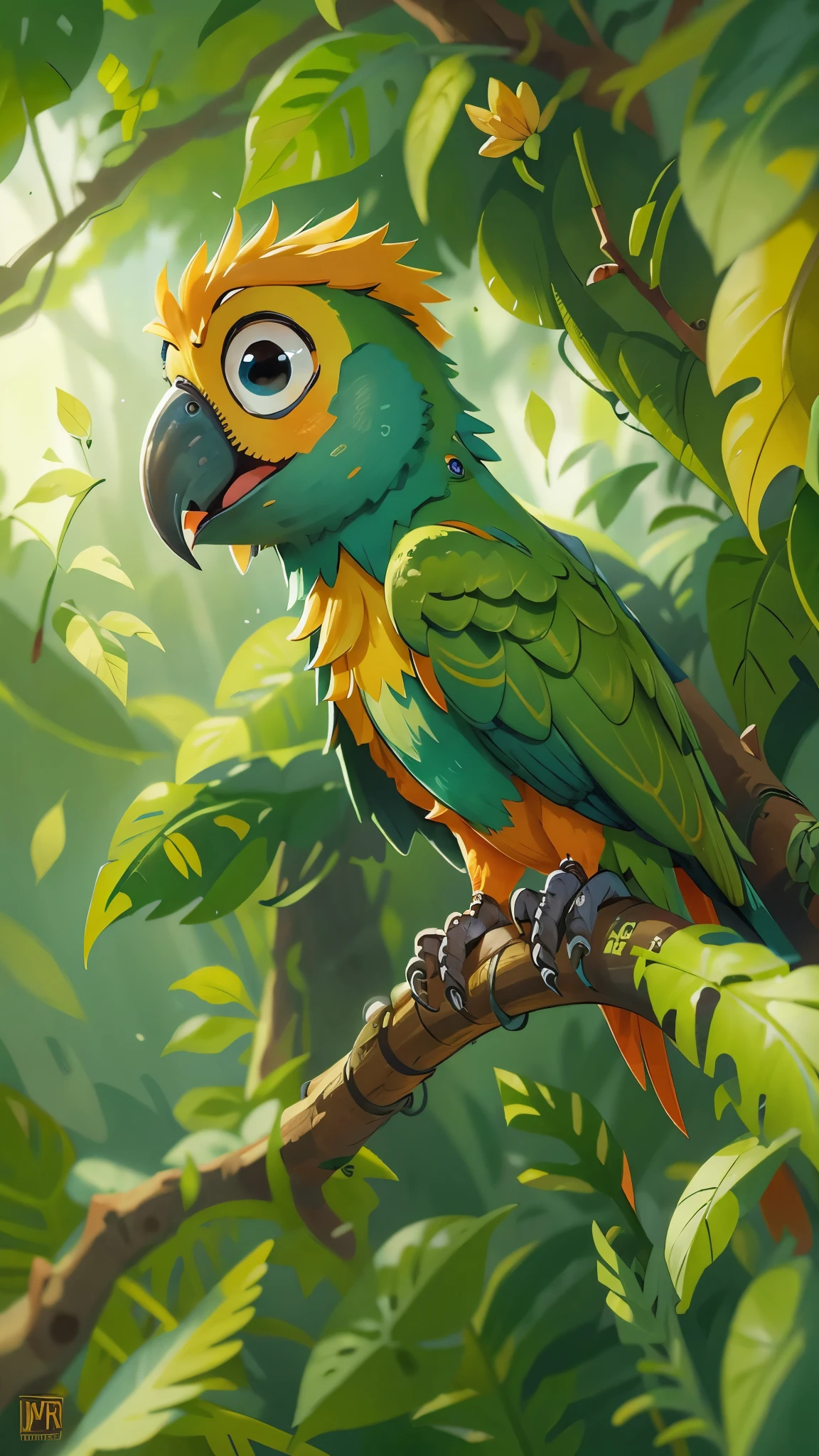 A cute parrot，playing on the brancheront view, close up, Pixar cinematic style, best quality, movie stills, very cute, big eyes, Bright Eyes,  Birds and flowers around,  Rainforest, open mouth, happy，