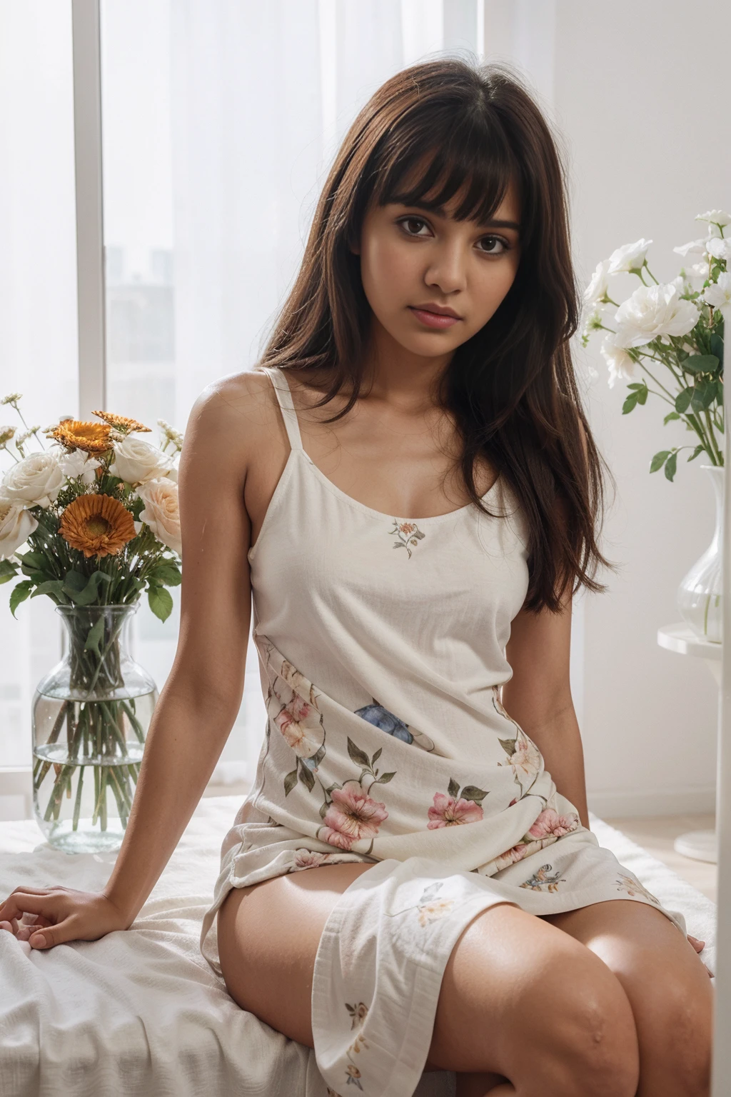 realistic half body portrait of a 20-year-old pakistani girl sitting on a white box next to a vase with flowers, hair bangs, sleeveless floral white kaftan and white pajamas , solid brown background, studio portrait, bokeh, skin texture, hair texture, slim, raw image, side light, light and shadow, orange fuji color tone, looking at the camera, different pose, exact same dress, portrait shot, classic portrait, portrait pose, feminine, thin body,