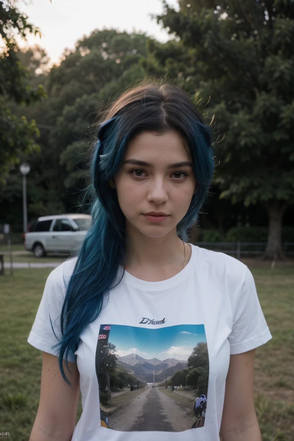 22 year old blue hair model, se encuentra en el parque vistiendo una camiseta negra y minifalda rosita. Mirando a otro lado, mostrando el culo sutilmente, soleado atardecer, foto vislumbrada, grass