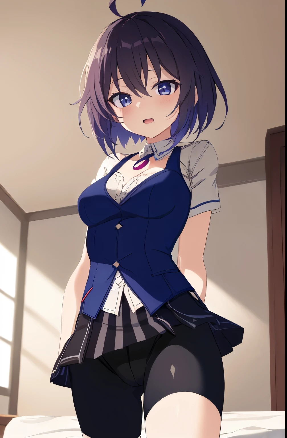 1 girl, best quality, ultra high res, ahoge, Seele Vollerei, looking at viewers, medium breast, standing, smile, open mouth, azure memories, short sleeves, Bike Shorts, bedroom, white bed sheets, pov,