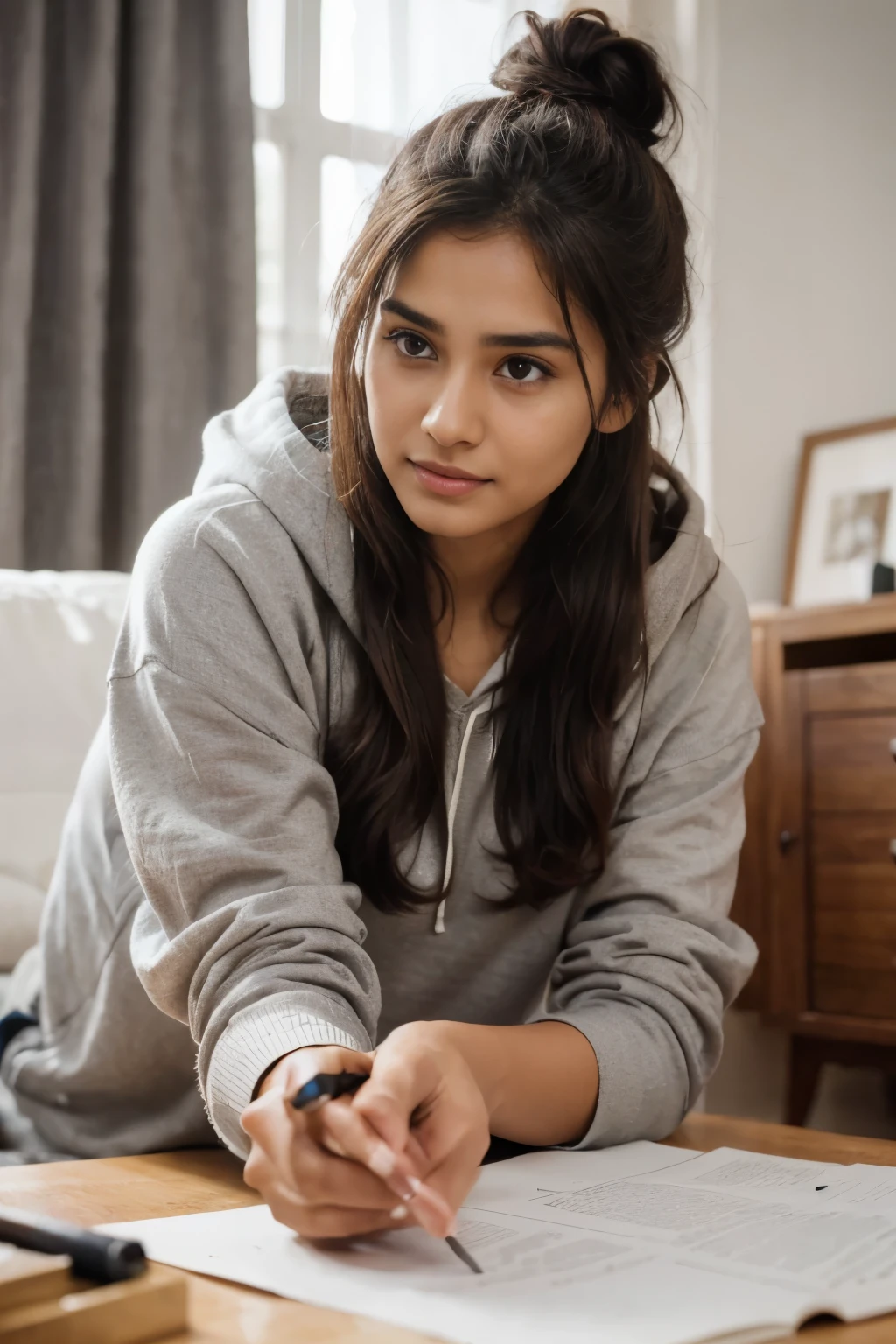 Beautiful ,23 years young Indian girl healthy, confidential looking,8k,realistic, raw photo,dark brown hair,fair skin, indian,long hair,clear facial features,, very detailed, 23years old, innocent face, natural wavy hair, high resolution, masterpiece, best quality, intricate details, highly detailed, sharp focus, detailed skin, realistic skin texture, texture, detailed eyes, professional, 4k, charming smile, shot on Canon, 85mm, shallow depth of field, kodak vision color, perfect fit body, extremely detailed, foto_\(ultra\), photorealistic, realistic, post-processing, maximum detail, roughness, real life, ultra realistic, photorealism, photography, 8k uhd, photography wearing Grey hoodie, messy bun,|Funny face|Living room floor,