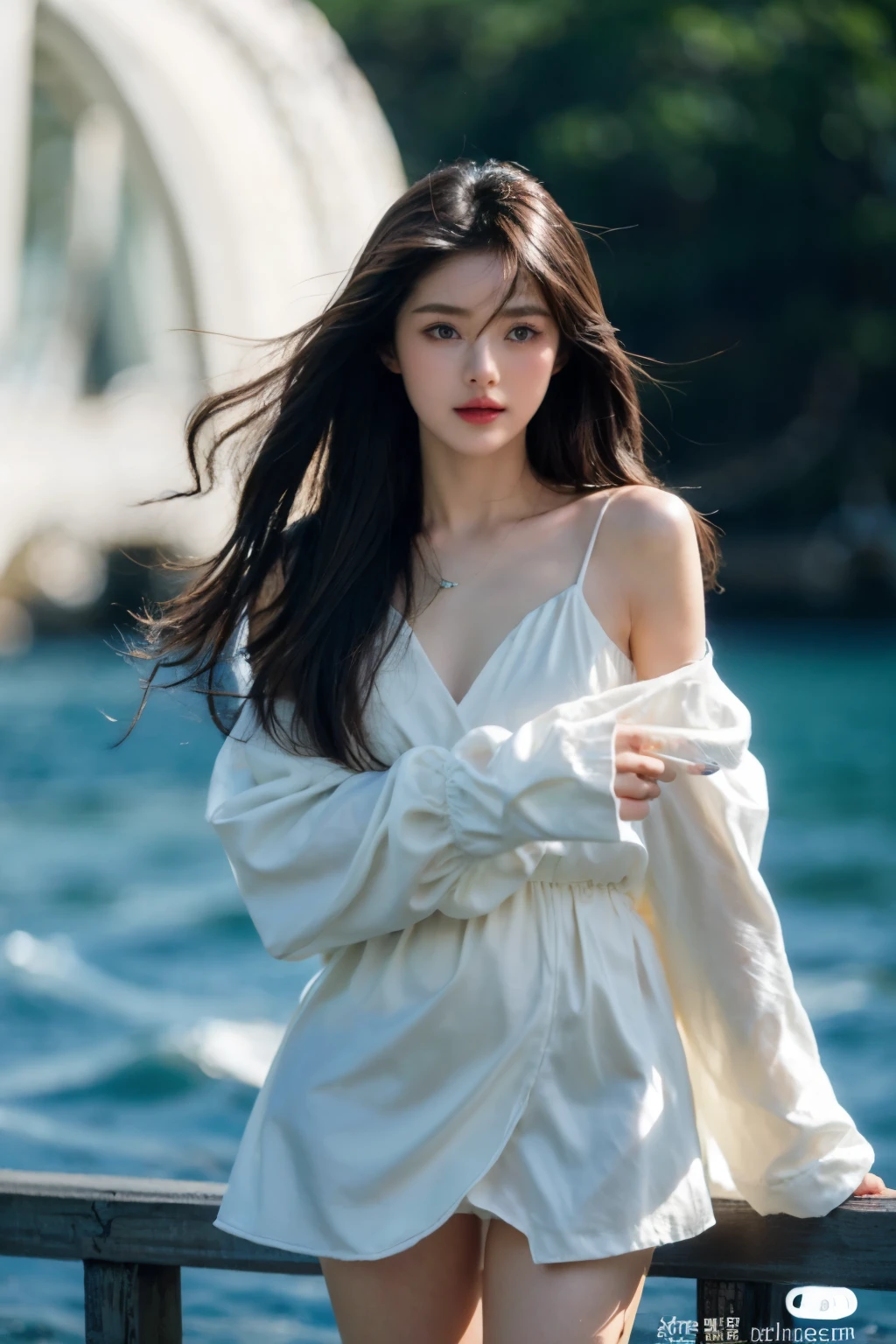 (masterpiece:1.2), best quality, high resolution, unified 8k wallpaper, (illustrexistion:1.0), 美丽细致的Eye极其细致的脸, perfect lighting, Extremely detailed CG,
 1 girl, Black_Eye, Black_hair, blue_background, blue_sky空, Brown_Eye, Brown_hair, sky, Keep, lips, long_hair, watching_exist_audience, nose, ocean, outdoor, photoactual, actual, Red_lips, sky空, alone, superior_Body, long_sleeve, sweexister, sleeve_past_wrist, wind, white_sweexister