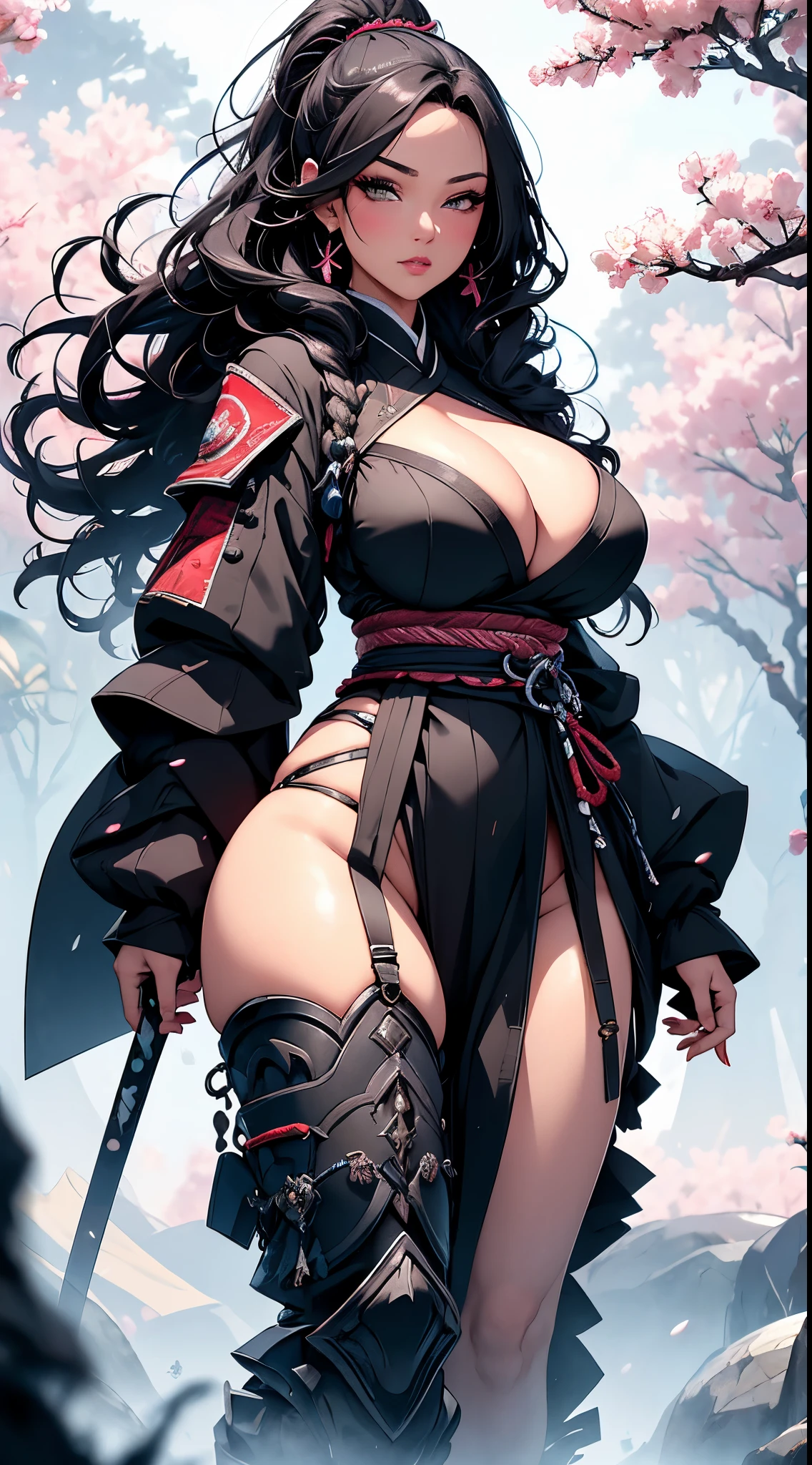 PERFECT MASTERPIECE, EXTREMELY DETAILED CG UNITY 32K UHD QUALITY RESOLUTION WALLPAPER, PHOTOREALISTIC, RAW PHOTO, PERFECT PHOTOGENIC CLARITY, OFFICIAL ART, AWARD-WINNING PORTRAIT, ULTRA HYPER-REALISTIC, ULTRA HYPER-DETAILED, SHINY REALISTIC SKIN, RAY TRACING, UNREAL ENGINE 5.8K, GLOWING AMBIENT LIGHT, The most beautiful and sexy samurai warrior girl, very long black hair, vibrant moonlight eyes, long detailed eyelashes, blushing, full pouting pink lips, curvy body type, full hips, super huge enormously gigantic tits, cleavage showing, gigantic tits bursting out, wearing highly detailed samurai battle armor with sashimono war flag, (leaning forward arching her back in a sexy seductive slutty pose:1.3), looking at the viewer, full body portrait, cowboy shot depth of field, sexy seductive slutty facial expression, cherry blossoms blowing in the wind, cosmic aesthetic atmospheric feudal Japan background