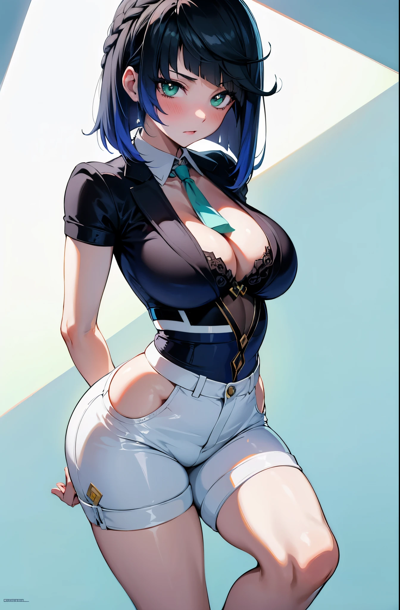 perfect body, sensual cleavage, medium breasts, feminine suit and tie, wearing tight white shorts, Ultra HD, 4k image, best image quality, (fidelity: 1.4), proportional hands, correct hands, perfect hands, photoreal, light green eyes , eyelashes, beautiful pupil, shadows, light blush, delicate facial features, reasonable facial features, exposed waist, natural poses