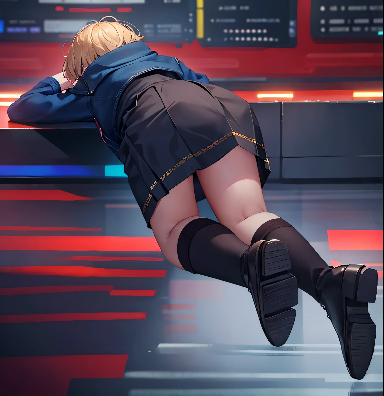 blonde，barefoot，woman wearing short skirt and boots，Show your pants，blue jacket，(black one piece tight mini)，black knee socks，brown middle boots，((Sneak peek of socks))