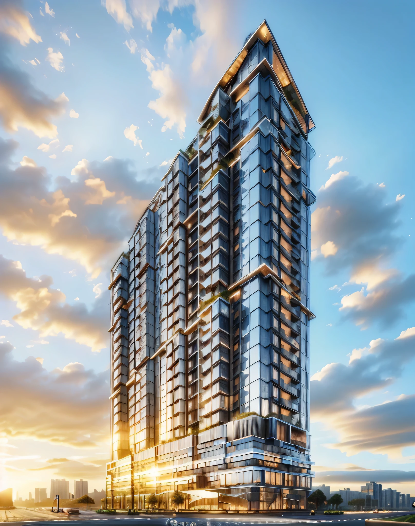 (building in city ,close houses and trees), (modern) daylight ( best quality) ((high solution)) ,(( photo realistic)) ,warm light, soft lighting, warm atmosphere,high Resolution, hyper detailed,4k ,vray render, octane render, hyper realistic, photography expert ,exterior design , professional photography, exterior photography,wide-angle shot , ultra detail , high Resolution , full frame, full body