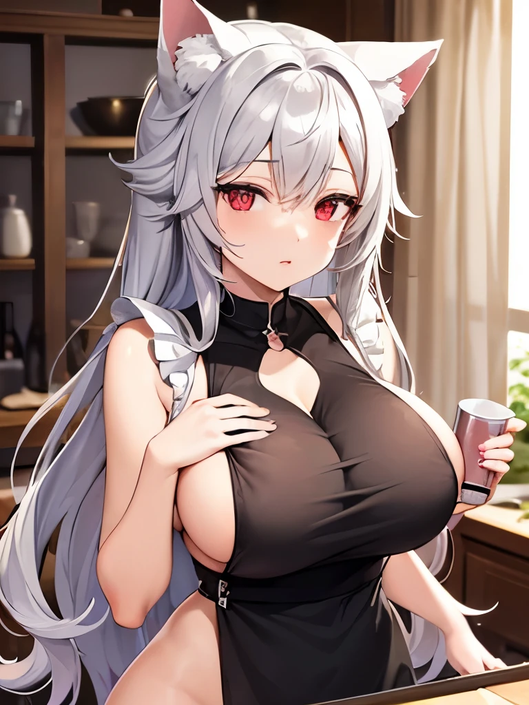 best quality high resolution one young beautiful woman red eyes Beautiful gray hair medium perm cute soft girl Cat ear Fascinating nude apron appearance kitchen breastfeeding service The huge breasts of a virgin killer with amazing charm Sexless breast milk gasp R18 apron incest