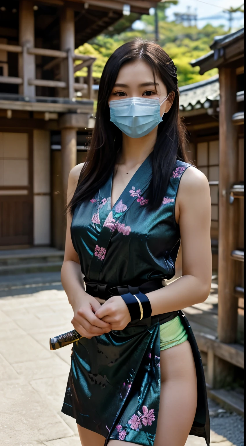 最high quality、high quality、best image quality、8K、最High resolution、High resolution、最high quality、masterpiece、RAW photo、realistic atmosphere、(detailed face)、(fine hands、thumb１reference４)、(beauty of japan )、very nice face、cute face、((beautiful japanese girl))、(japanese woman), ((18 year old beautiful girl))、(glossy black hair)、(straight long hair)、(ponytail)、whole body、slim style、(shiny skin)、(Fair skin, Glossy skin)、real human skin、realistic human body structure、perfect body， perfect face， perfect hands， perfect fingers， perfect lips， perfect eyes，perfect teeth、perfect background， perfect atmosphere， natural soft light、photon mapping、Ainu folk costume、((girl with sword in both hands))、Japanese sword、japanese traditional、(kunoichi kimono)、all ninja、A girl inspired by Naruto、((A girl holding a sharp sword in both hands))、In front of an old Japanese house、((Transparent black metallic(Waist-length short kimono with floral pattern、floral sleeveless kimono、String loincloth、mouth mask))、Dynamic pose with combat in mind