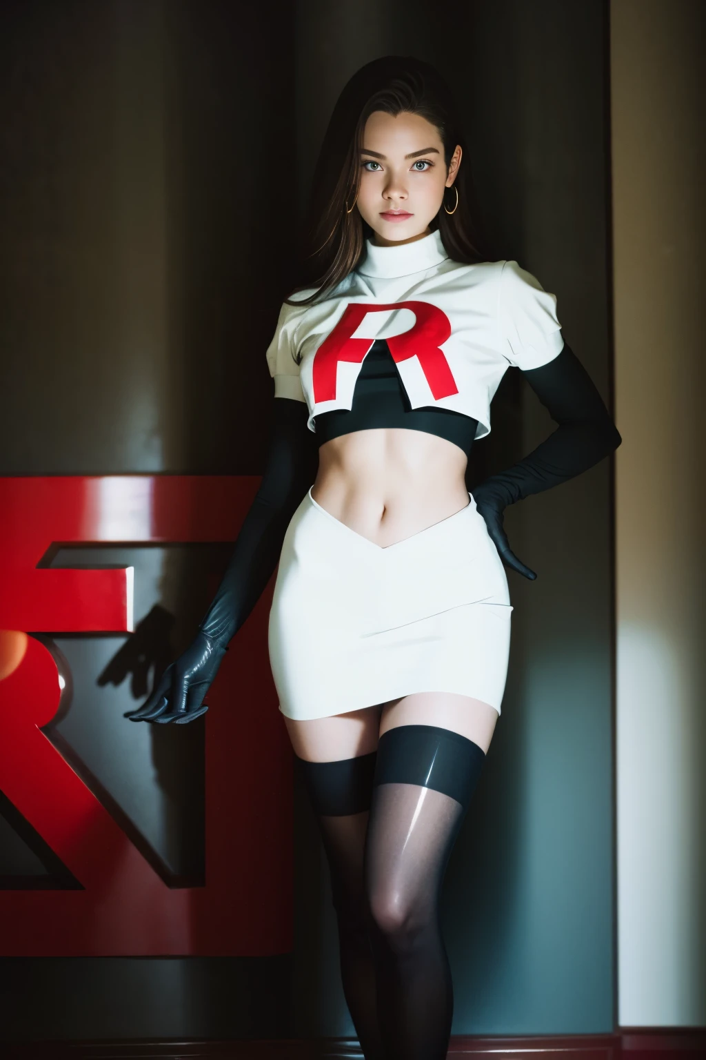 brandygordon, team rocket,team rocket uniform, red letter R, white skirt,white crop top,black thigh-highs, black elbow gloves,