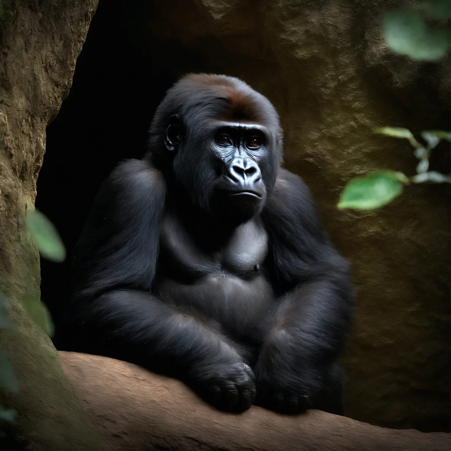Аниме стиль, макото шинкай, In the cave, a small male gorilla, a small baby gorilla, a small child,
