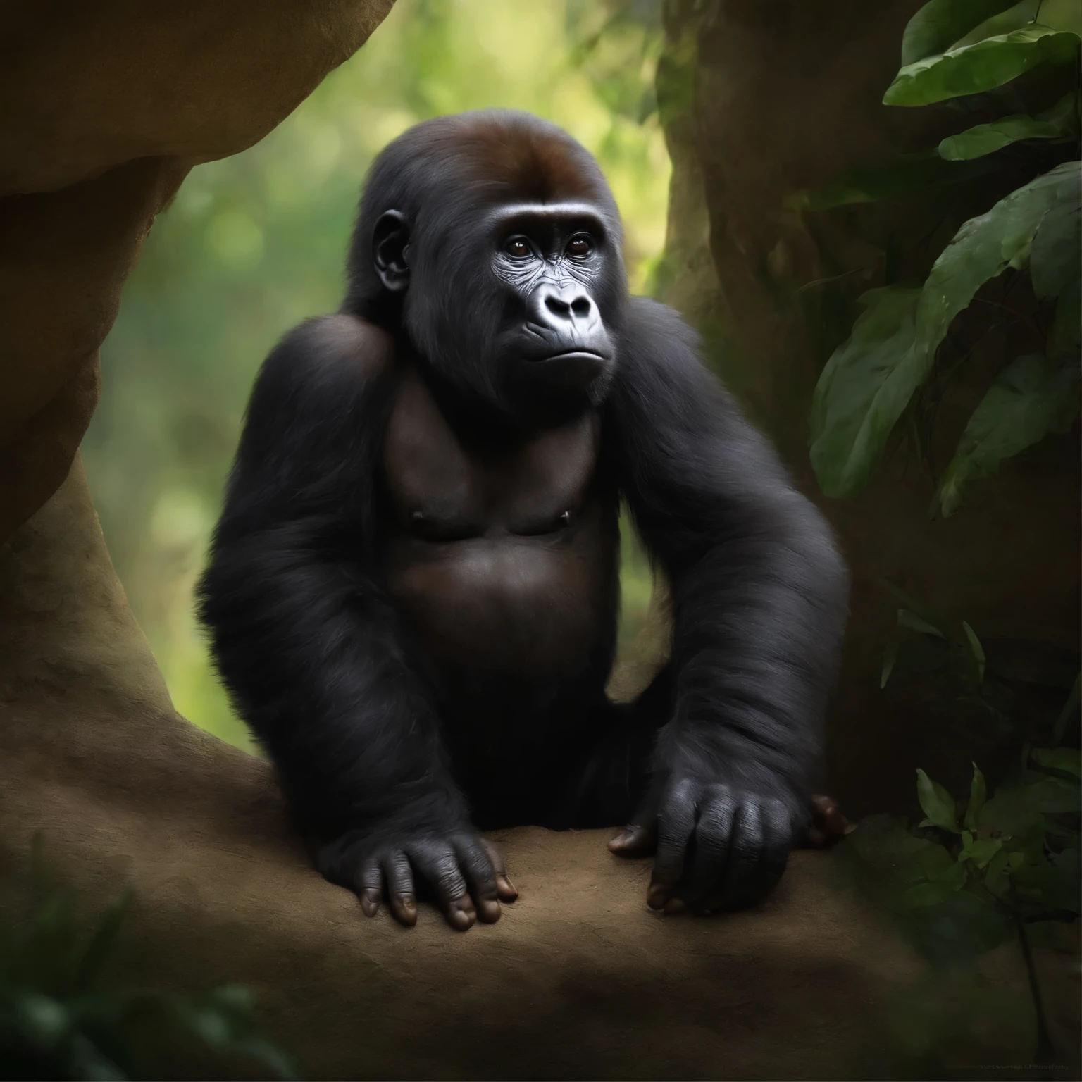 Аниме стиль, макото шинкай, In the cave, a small male gorilla, a small baby gorilla, a small child,