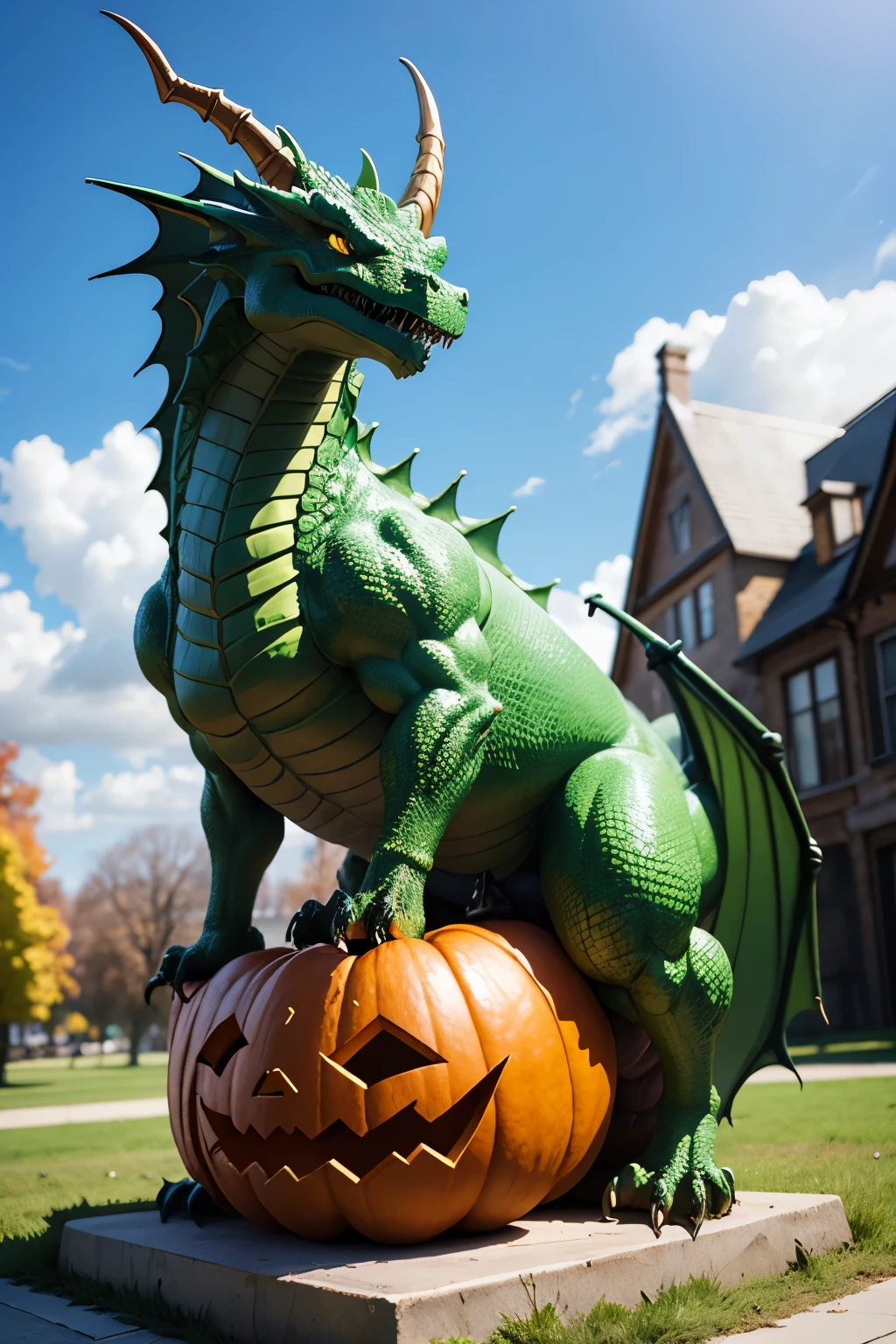 Green pumpkin dragon statue