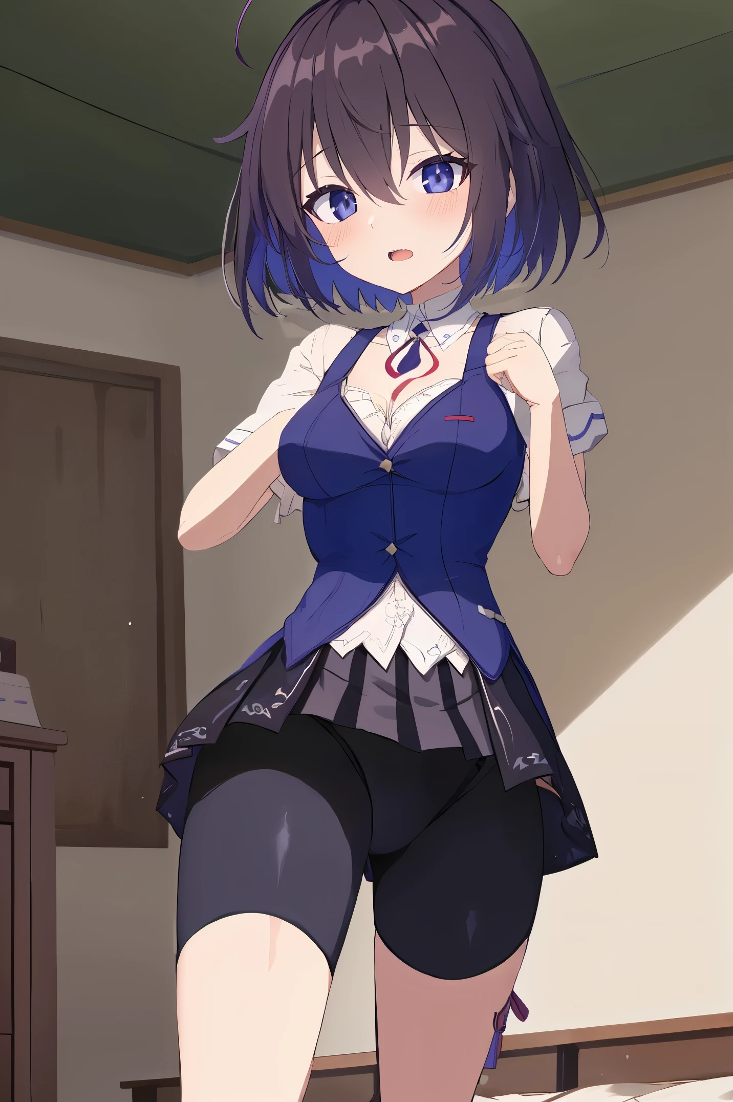 1 girl, best quality, ultra high res, ahoge, Seele Vollerei, looking at viewers, medium breast, standing, smile, open mouth, azure memories, short sleeves, Bike Shorts, bedroom, white bed sheets, pov,