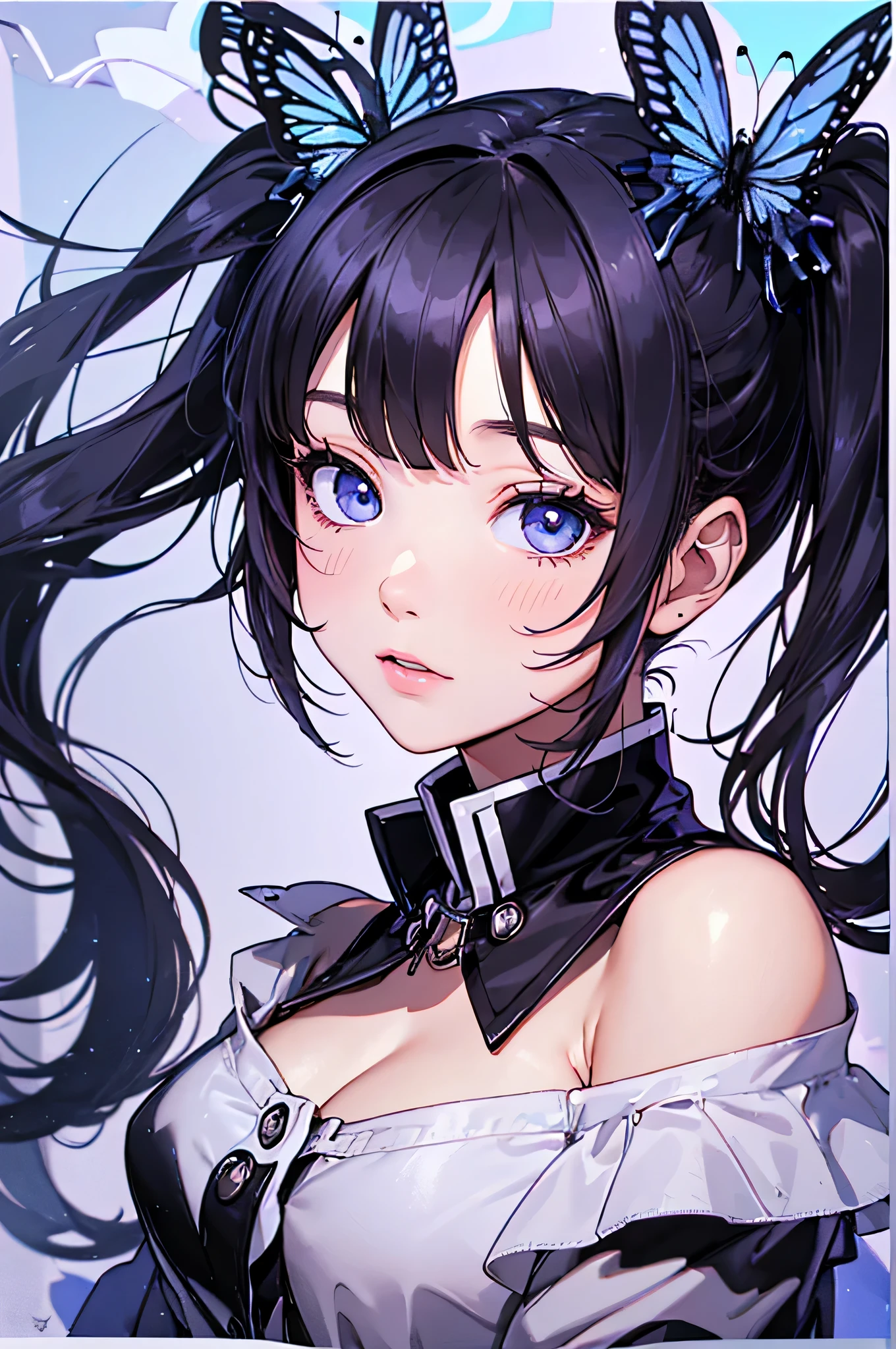 (debris flies, highest quality, ultra high resolution),1 girl,((private server), beautiful and detailed face, fine eyes,((dark blue theme)),The background is wrapped in white,#Kimetsu,butterfly々hair ornaments,yoga poses,whole body,twin tails