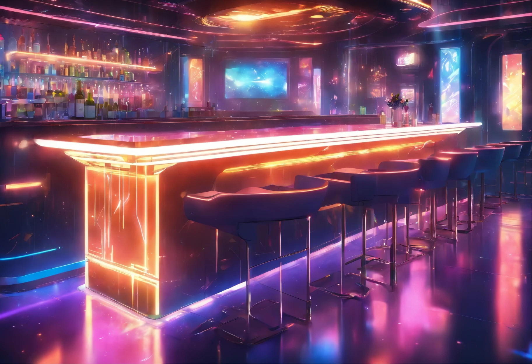 The bar table designed in a futuristic, modern and technological style, with gold LED strips and a white bar