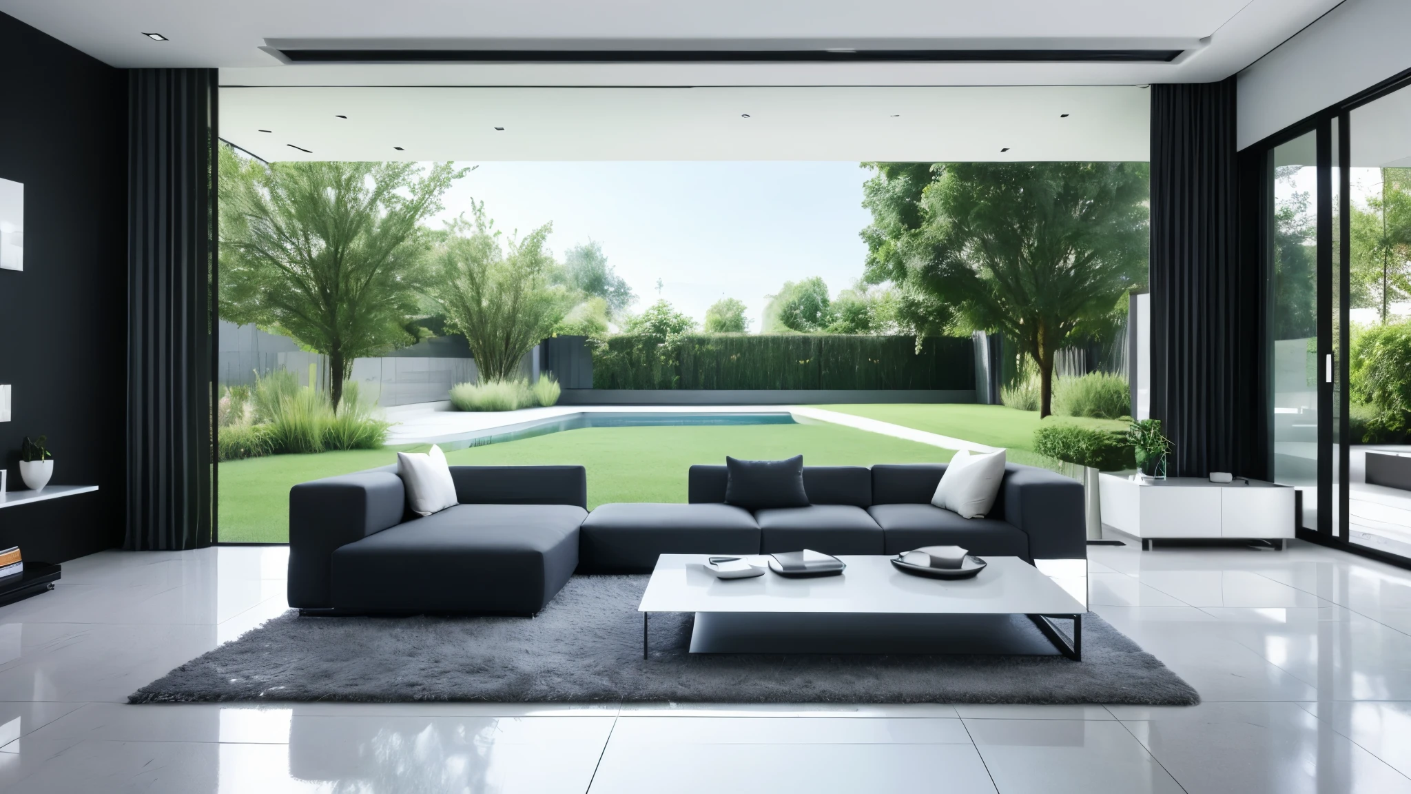 You are a famous interior designer、You have been asked to create a 3D image of a modern large room. Create a harmonious environment with modern and minimalist furniture. Including garden interior.
