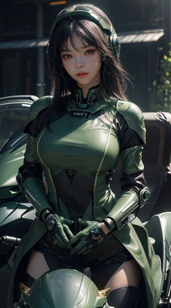 Highest image quality, outstanding details, ultra-high resolution, (realism: 1.4), the best illustration, favor details, highly condensed 1girl, with a delicate and beautiful face, dressed in a black and green mecha, wearing a mecha helmet, holding a directional controller, riding on a motorcycle, the background is a high-tech lighting scene of the future city.