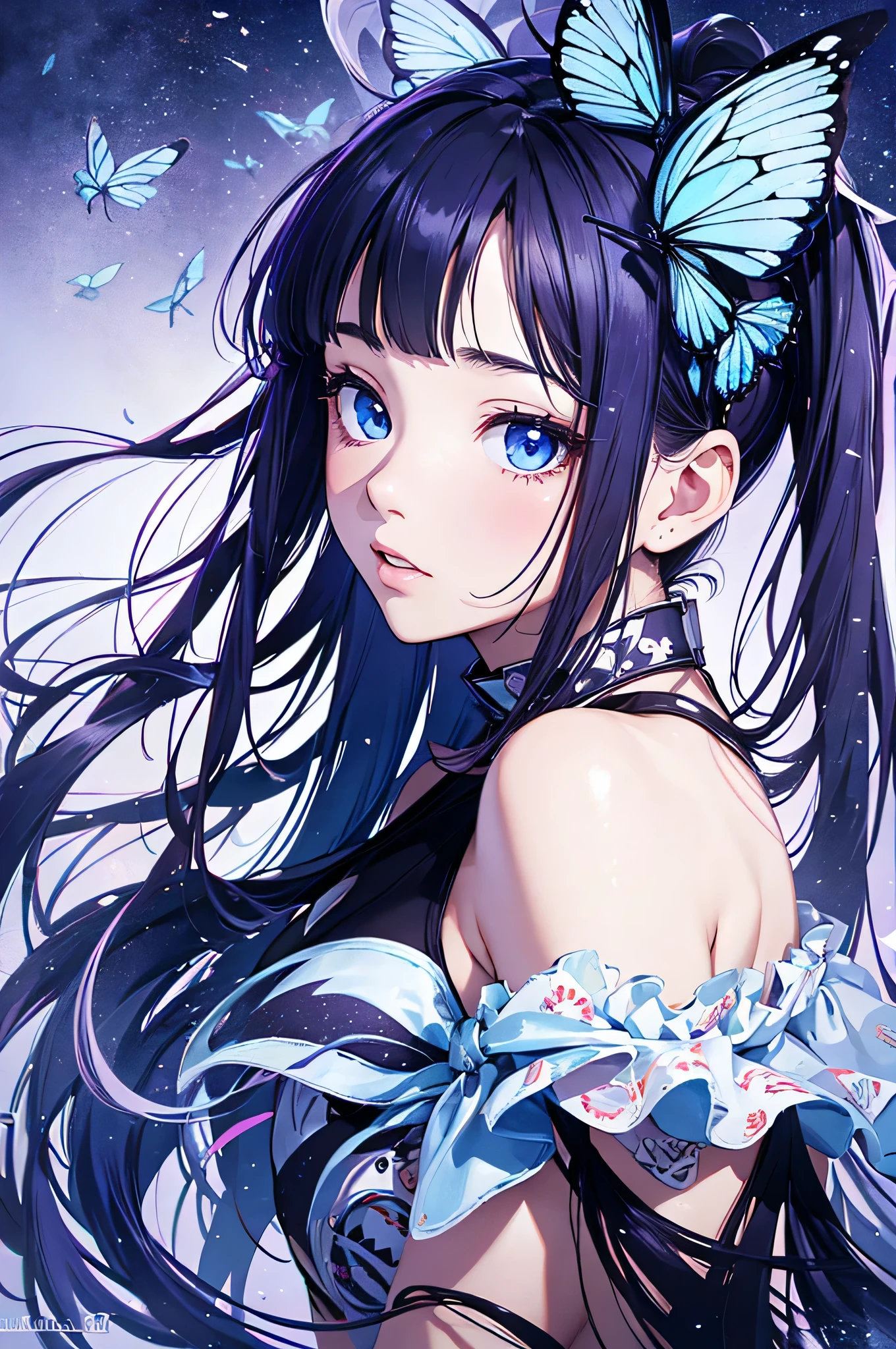 (debris flies, highest quality, ultra high resolution),1 girl,((private server), beautiful and detailed face, fine eyes,((dark blue theme)),The background is wrapped in white,#Kimetsu,butterfly々hair ornaments,yoga poses,whole body,twin tails,take a pose