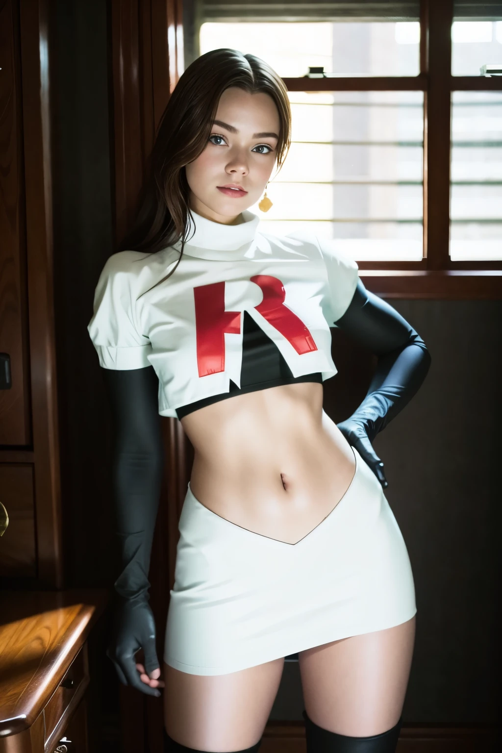 brandygordon, team rocket,team rocket uniform, red letter R, white skirt,white crop top,black thigh-highs, black elbow gloves,