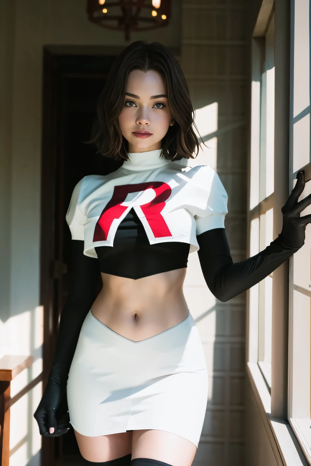 brandygordon, team rocket,team rocket uniform, red letter R, white skirt,white crop top,black thigh-highs, black elbow gloves,