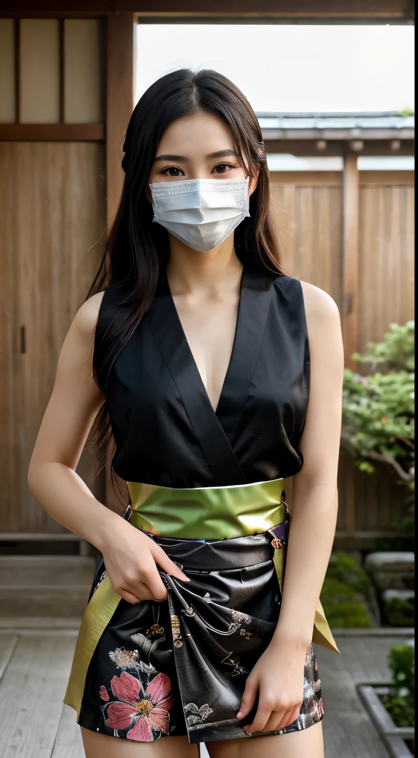 最high quality、high quality、best image quality、8K、最High resolution、High resolution、最high quality、masterpiece、RAW photo、realistic atmosphere、(detailed face)、(fine hands、thumb1reference4)、(beauty of japan )、very nice face、cute face、((beautiful japanese girl))、(japanese woman), ((18 year old beautiful girl))、(glossy black hair)、(straight long hair)、(ponytail)、whole body、slim style、(shiny skin)、(Fair skin, Glossy skin)、real human skin、realistic human body structure、perfect body, perfect face, perfect hands, perfect fingers, perfect lips, perfect eyes,perfect teeth、perfect background, perfect atmosphere, natural soft light、photon mapping、Ainu folk costume、((girl with sword in both hands))、Japanese sword、japanese traditional、(kunoichi kimono)、all ninja、A girl inspired by Naruto、((A girl holding a sharp sword in both hands))、In front of an old Japanese house、((Transparent metallic with floral pattern(黒色Ainu folk costume、black kimono up to the waist、sleeveless black kimono、black string loincloth、black mask))、Dynamic pose with combat in mind