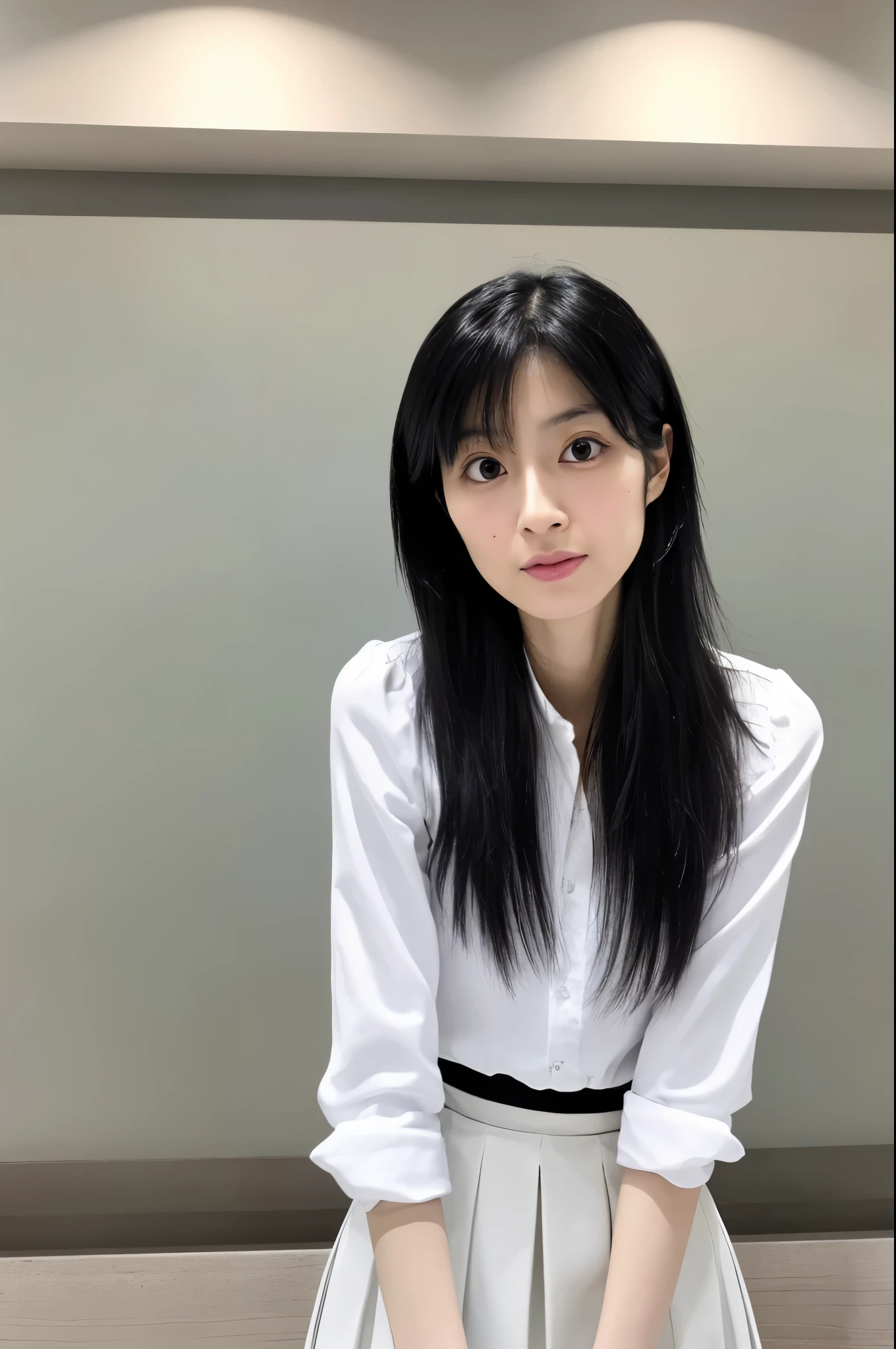 (High reality photograph, high resolusion, detailed face, detailed eyes) Japanese lady, 30 years old, cute face, skinny figure, very skinny waist, black hair, alone in a photo, white shirt, black skirt