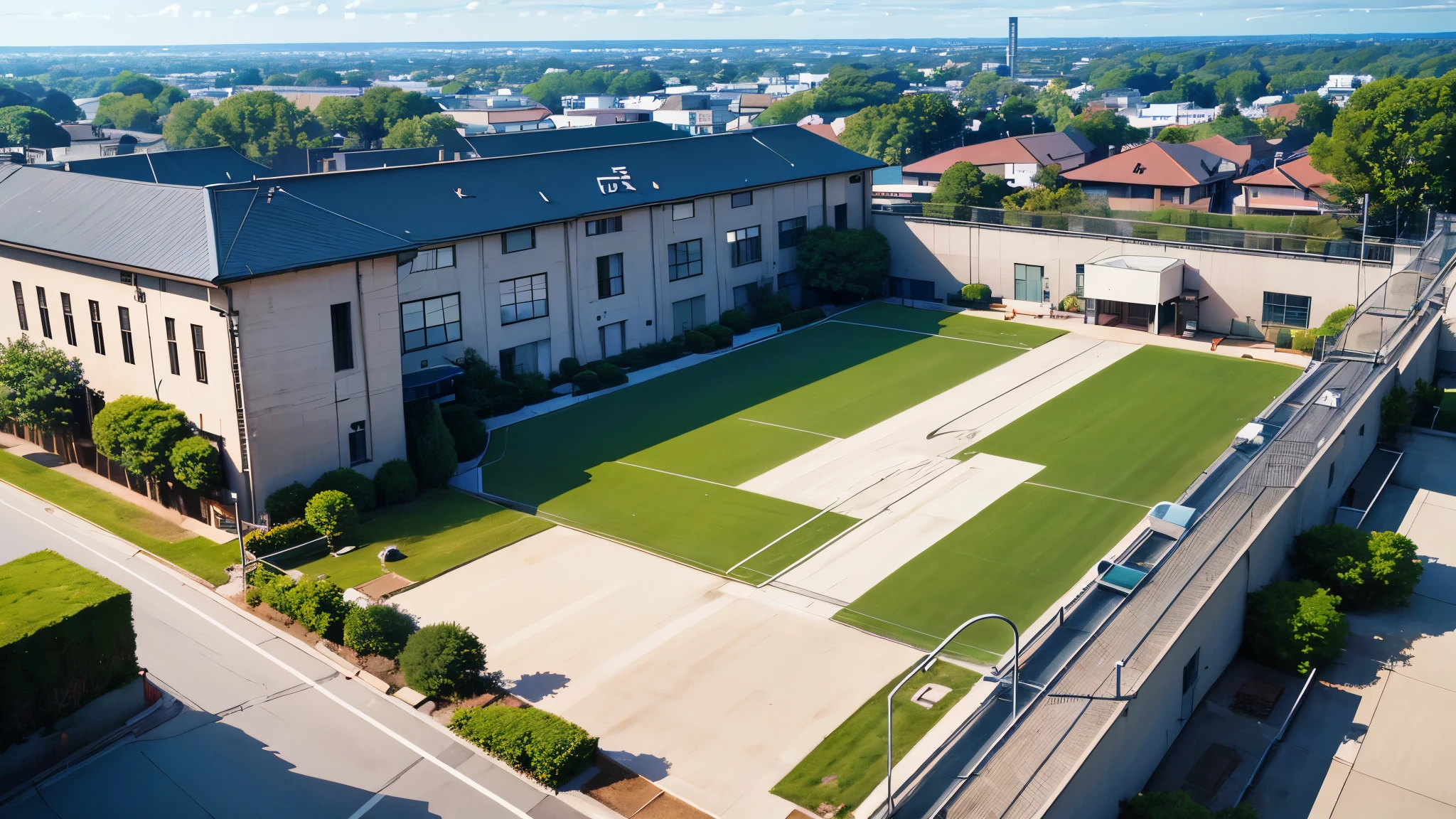 Aerial view of the School building with a football field in the middle, complete building, private School, top view, Japanese high school, old School, photo taken from above, School courtyard, Schools, American Schools, 从上面bird's eye view图, bird's eye view, School, Arielview, view from high, [ top view ]!!, aerial shot