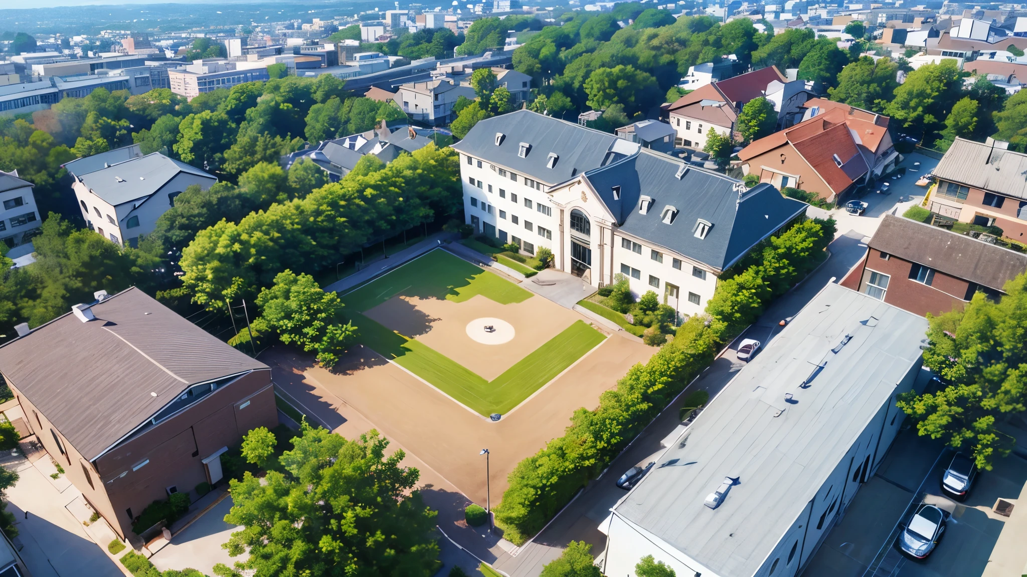 Aerial view of the School building with a football field in the middle, complete building, private School, top view, Japanese high school, old School, photo taken from above, School courtyard, Schools, American Schools, 从上面bird&#39;s eye view图, bird&#39;s eye view, School, Arielview, view from high, [ top view ]!!, aerial shot
