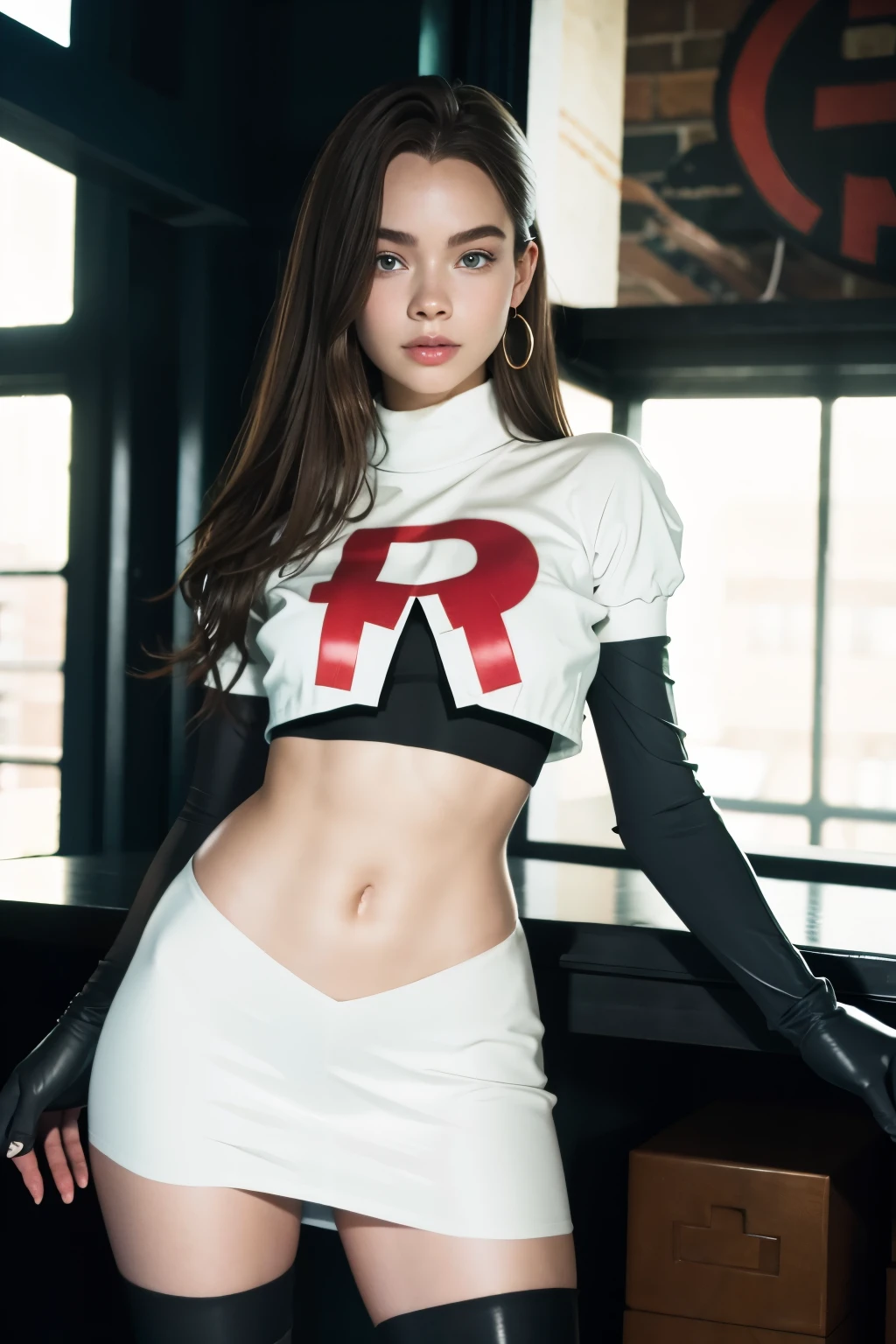 brandygordon, team rocket,team rocket uniform, red letter R, white skirt,white crop top,black thigh-highs, black elbow gloves,