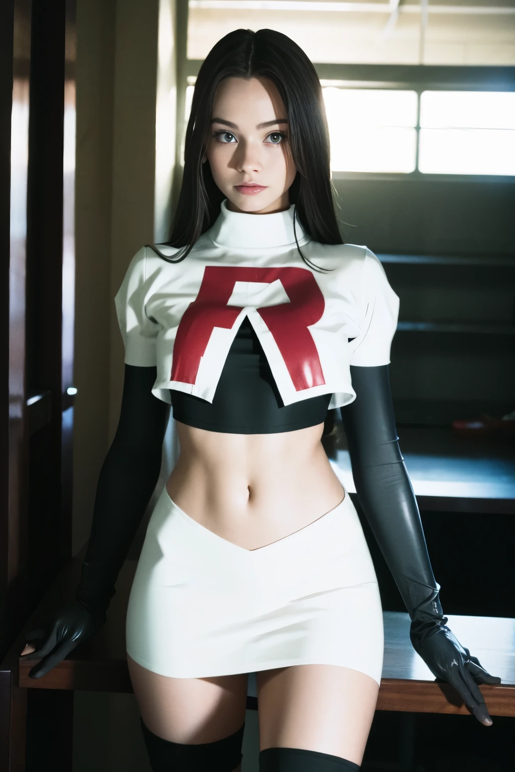 brandygordon, team rocket,team rocket uniform, red letter R, white skirt,white crop top,black thigh-highs, black elbow gloves,