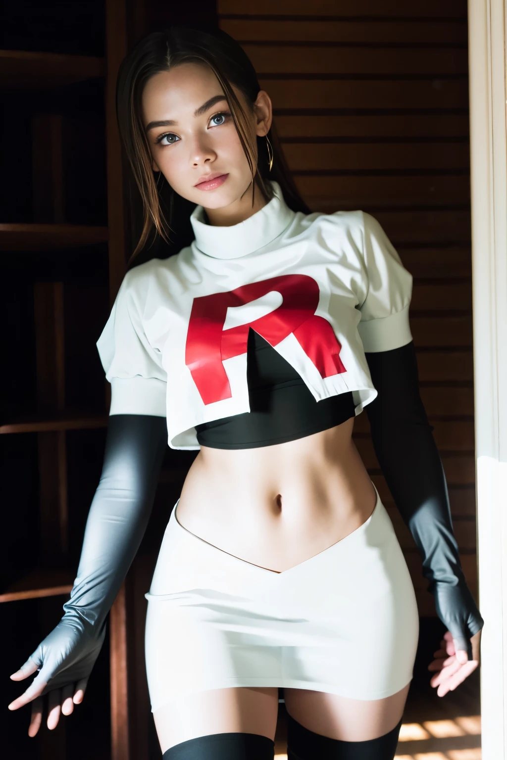 brandygordon, team rocket,team rocket uniform, red letter R, white skirt,white crop top,black thigh-highs, black elbow gloves,