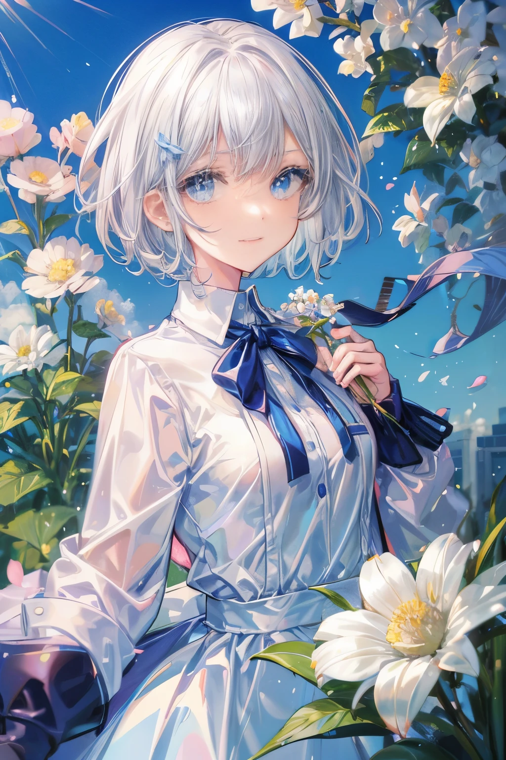 1 girl,(white) short hair,blue eyes,school uniforms, super cute,((introvert and cute)),(small breast),feel happy,flowers