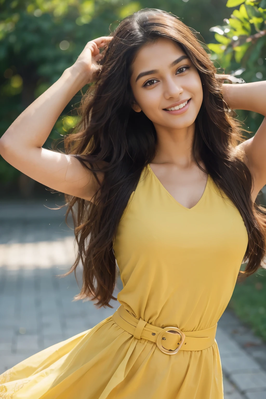 Beautiful ,23 years young Indian girl healthy, confidential looking,8k,realistic, raw photo,dark brown hair,fair skin, indian,long hair,clear facial features,, very detailed, 23years old, innocent face, natural wavy hair, high resolution, masterpiece, best quality, intricate details, highly detailed, sharp focus, detailed skin, realistic skin texture, texture, detailed eyes, professional, 4k, charming smile, shot on Canon, 85mm, shallow depth of field, kodak vision color, perfect fit body, extremely detailed, foto_\(ultra\), photorealistic, realistic, post-processing, maximum detail, roughness, real life, ultra realistic, photorealism, photography, 8k uhd, photography wearing Mustard yellow dress, black belt, happy dance|Cheerful smile