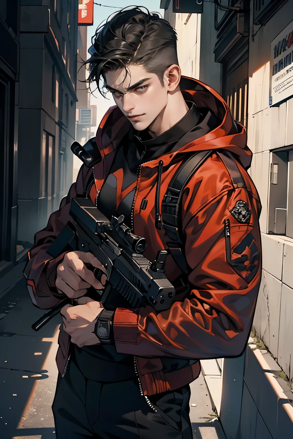 (1boy, handsome male, perfect male body), High quality, Best Quality, ultra-detailliert, dynamicpose, (Red jacket, Black hoodie, sniper rifle in hand, evil smile, short hair), Ray tracing, dramatic shadows, Highly detailed fine art, Detailed Metal Jewelry, dramatic compositions, Cinematic lighting, delicate portrayal of facial features