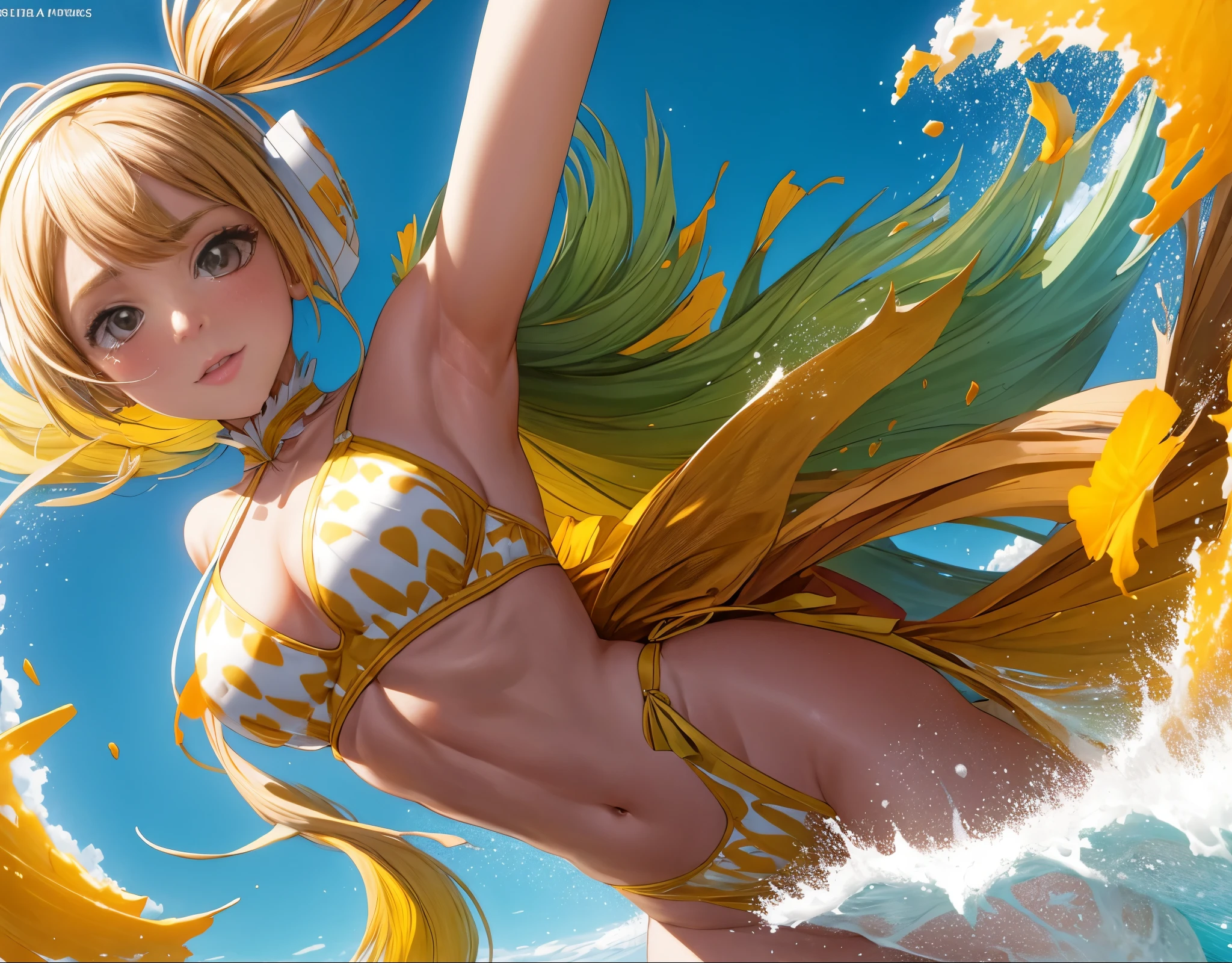 chica anime en bikini flotando en el aire, Elegante pose flotante, lying dynamic pose, !!lleno Cuerpo portrait!!, Sol. illustration, lleno Cuerpo pose, lleno Cuerpo:: Tiempo soleado::, hembra flotante, lleno pose, dramatic floating pose, anime lleno Cuerpo illustration, lleno Cuerpo portrait of a short!, lleno_Cuerpo!!, lleno Cuerpo wide shot