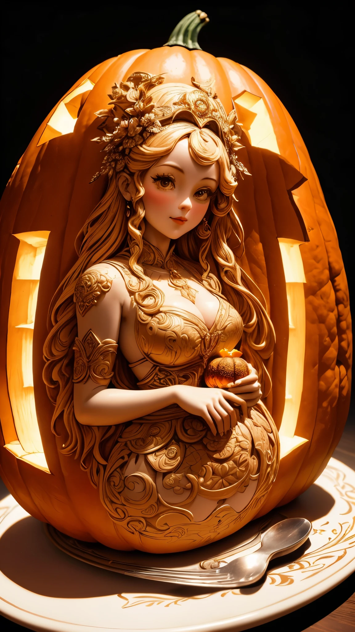 (A cute girl carved from a large pumpkin：1.1），（whole body），Beautiful long-haired girl，RococoStyle，Retro court long skirt，16k，Orange，relief， and honest background：on the plate on the dining table，Fruit carving，food engraving，Three-dimensional engraving，scenography，food sculpture design， close-up, rotated, rococo style, Classicism, depth of field, UHD, masterpiece, ccurate, super detail, high details, high quality, award winning, best quality, highres, 16k，soft light lighting，