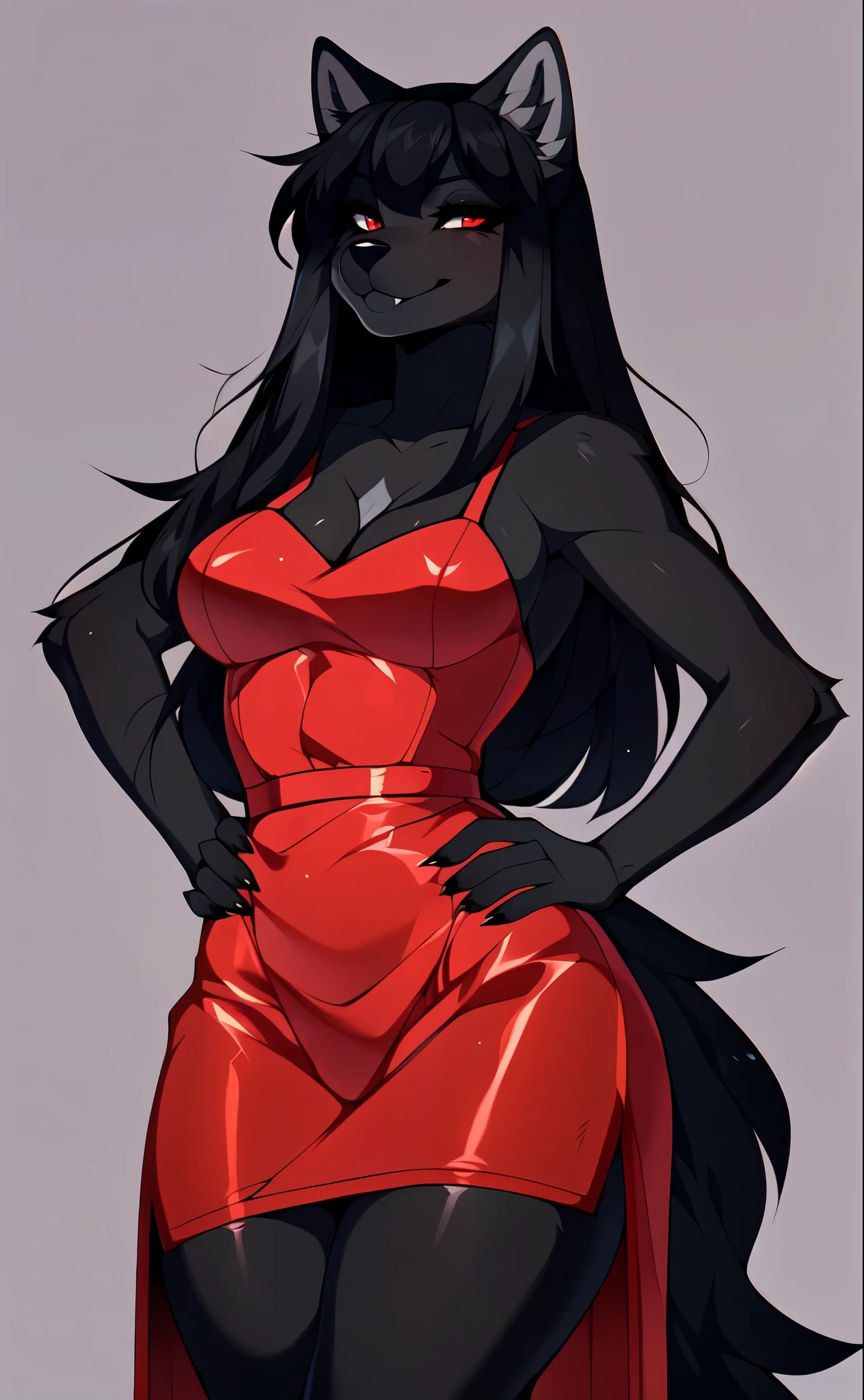 Solo, by fumiko, by hyattlen, by hioshiru, by claweddrip, Natasha, dark grey wolf, long black hair, straight bangs, cute snout, black nose, red eyes, smiling softly, medium breasts, wearing red dress, upper body shot, standing, hands on her hips, no background