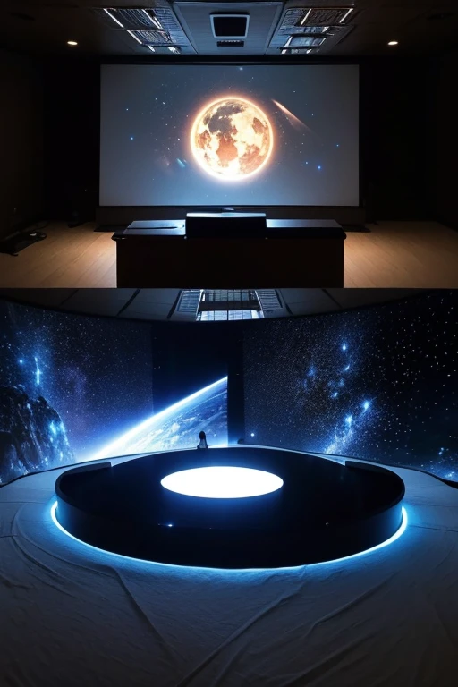 100 square meters of immersive space,Tech-inspired style,The lights are darker,360 degree circular projection screen,The screen shows the content of the ancient Great Wall
