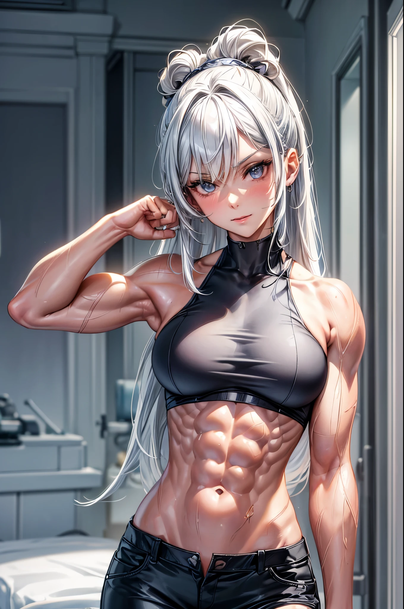 (best lighting) , (Extremely complex and detailed) , 4K unified, (Super detailed CG: 1.2) , (8k: 1.2),(The original), (masterpiece) , (best quality),(masterpiece:1.4),Anime-like high quality,(masterpiece),masterpiece, Super clear picture quality,Clearer than the face in the movie)best quality, Ridiculous Easter Peace, 4K, 8k, Yes, high resolution))1个girl, female student,Smile,Shorts,ten pack abs,Clear abs,Sculpted abdominal muscleulging veins on abdominal muscles,Strong abdominal muscleaggerated abdominal muscles,Thick and firm abdominal muscles,Absolutely unrivaled abulging abs,Very toned abdominal muscles,The deep grooves between the abdominal muscleodybuilder:1.5)),Inside the house,(beautiful bass),(girl),(woman),(((Upper body:1)))