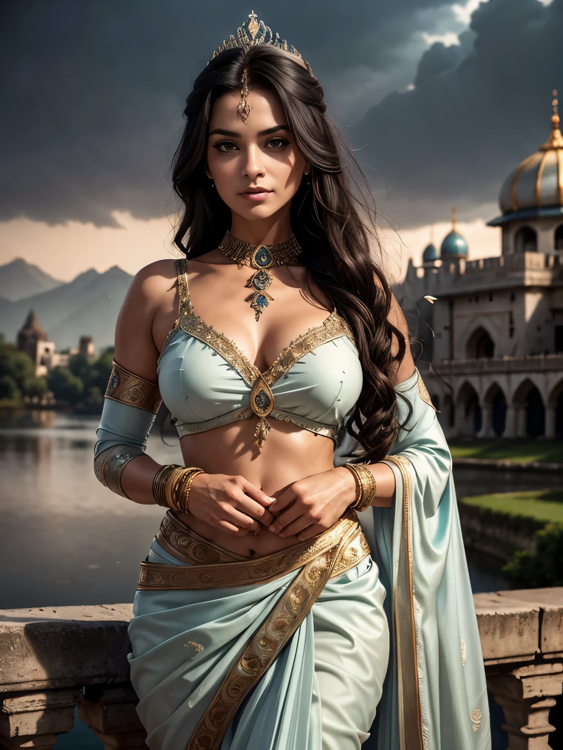 Portrait, a beautiful knight queen, classic, ultra detailed body, ultra detailed face, long pony hair, palace lake, white saree, holding a sword in hand, medieval city buildings, medieval times, perfect anatomy, sexy, charming, majestic, tattooed hands, ultra quality, body parts, ambient lighting, ultra detailed 17th century city background, dark cloudy sky, volumetric fog, 8k