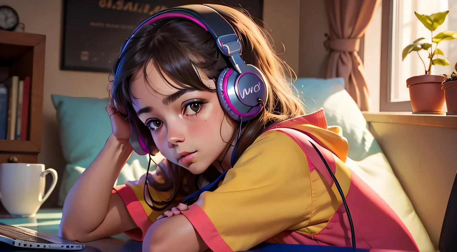 Uma bonita, Listening to music with your headphones, vai se concentrar, relaxante, em sua sala de estar.