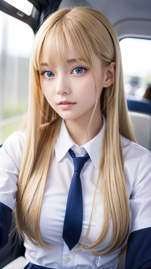 A beautiful girl with super long and beautiful shining bright blonde hair.、long bangs between the eyes、Very beautiful bright light blue big eyes、very clear big eyes、unparalleled beauty、rich bust、school uniform、very white bright young skin、gloss cheek highlights、small face beauty、shy and bright look、