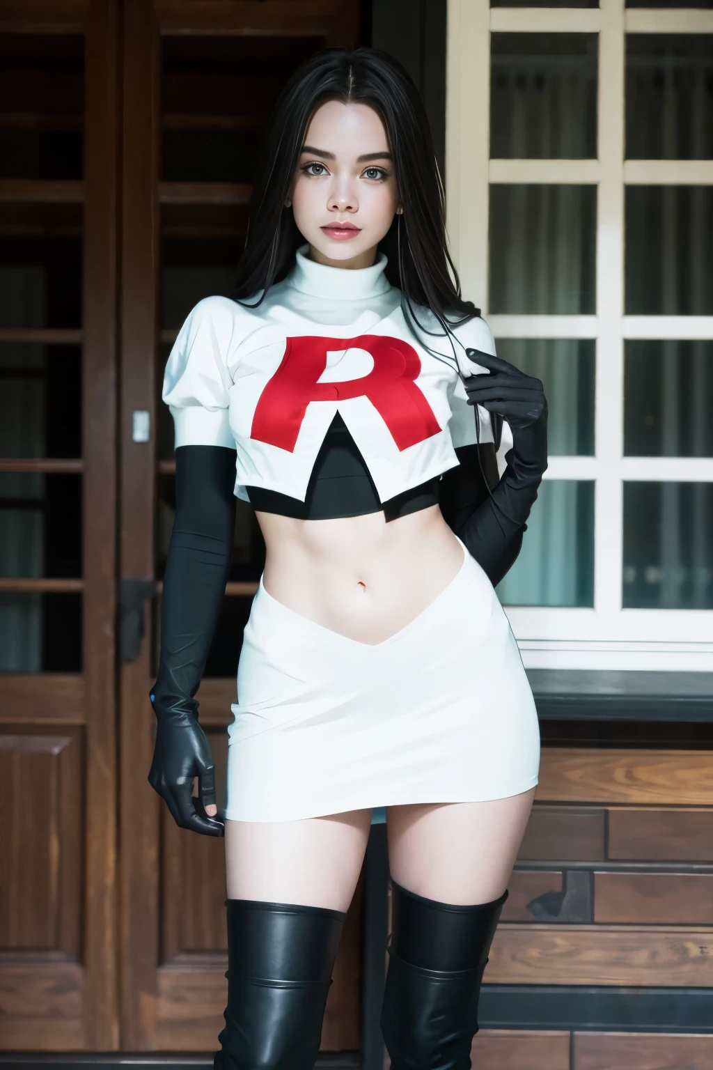 brandygordon, team rocket,team rocket uniform, red letter R, white skirt,white crop top,black thigh-highs, black elbow gloves,