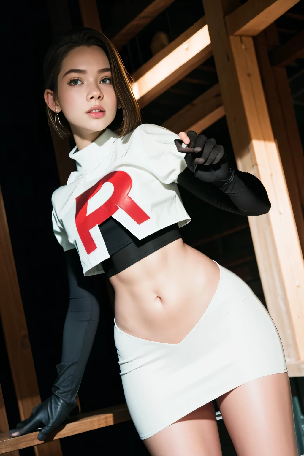 brandygordon, team rocket,team rocket uniform, red letter R, white skirt,white crop top,black thigh-highs, black elbow gloves,