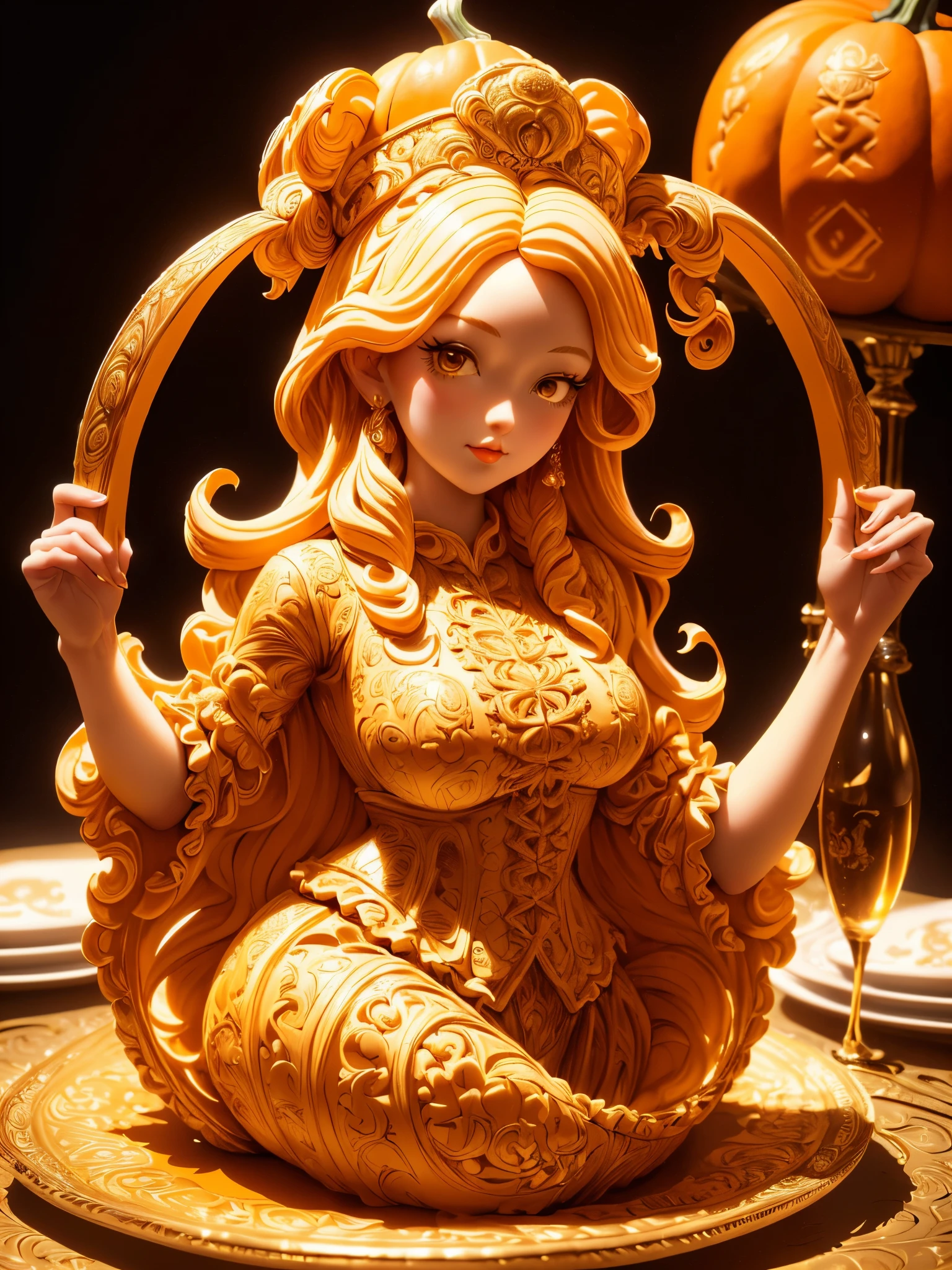 (A cute girl carved from a large pumpkin：1.1），（whole body），Beautiful long-haired girl，RococoStyle，Retro court long skirt，16k，Orange，relief， and honest background：on the plate on the dining table，Fruit carving，food engraving，Three-dimensional engraving，scenography，food sculpture design， close-up, rotated, rococo style, Classicism, depth of field, UHD, masterpiece, ccurate, super detail, high details, high quality, award winning, best quality, highres, 16k，soft light lighting，